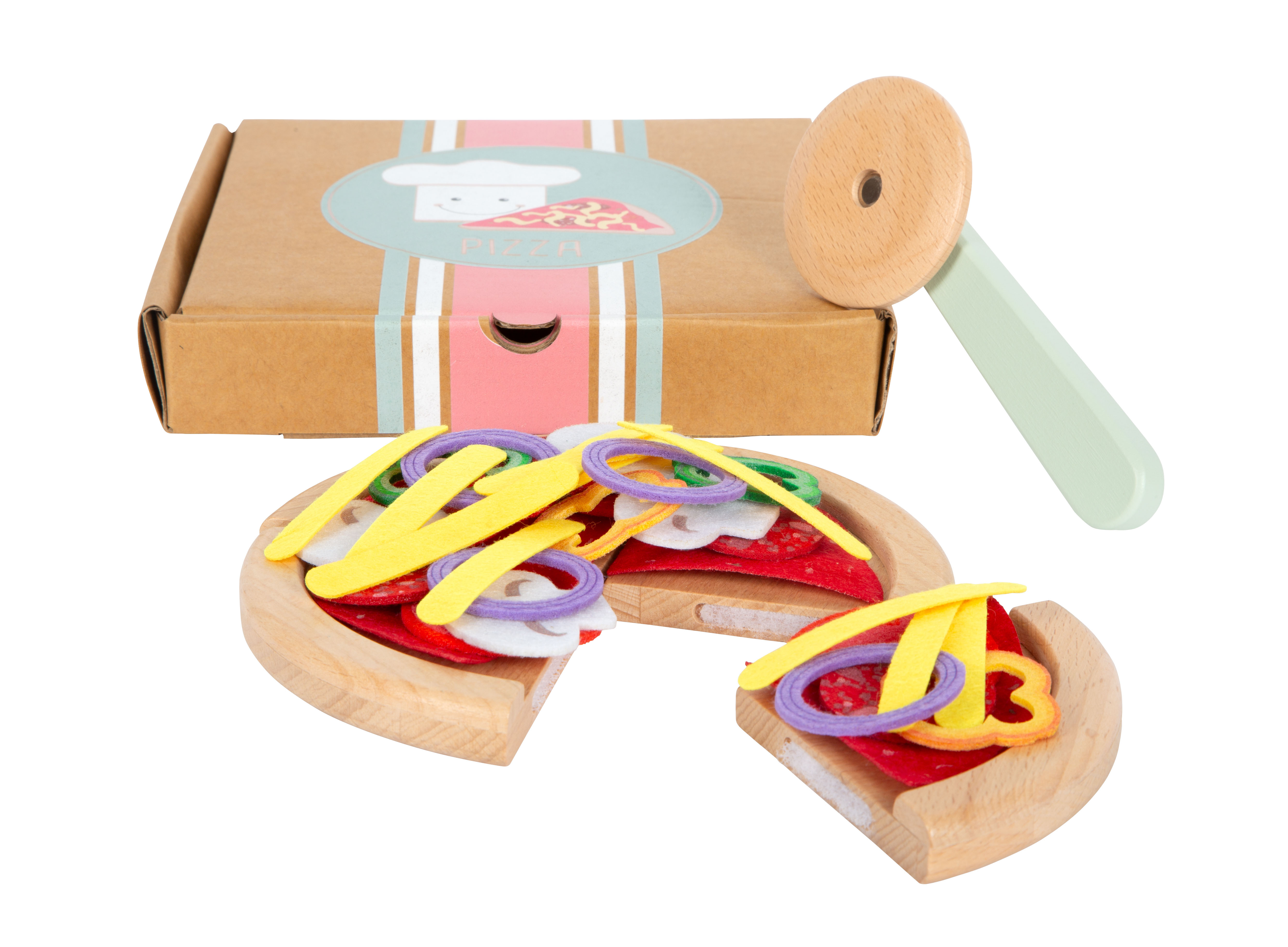 Pizza Spielset aus Holz und Filz mit Pizzaschneider