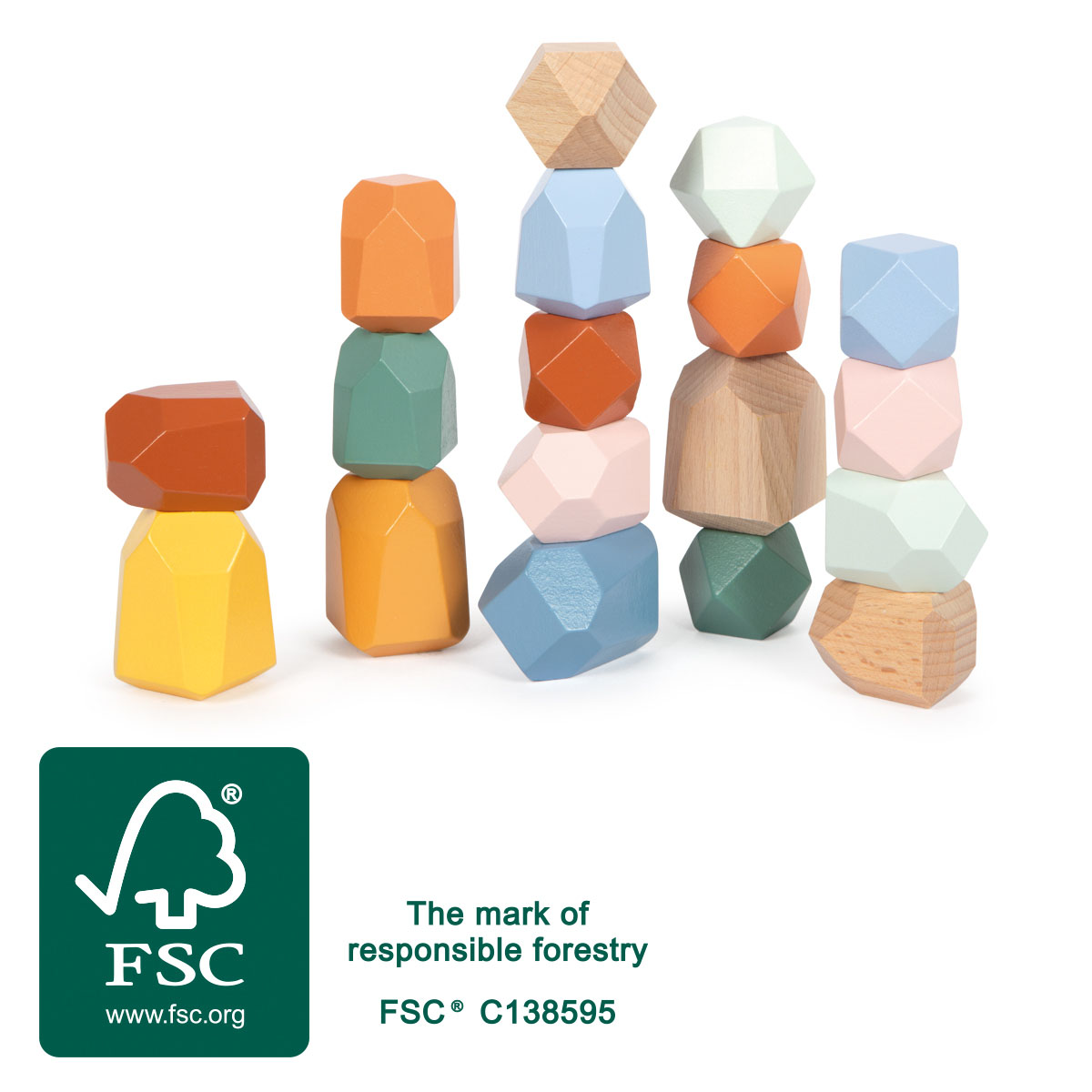 holz, holzspielzeug, bunte steine, geometrische formen, fsc-zertifiziert