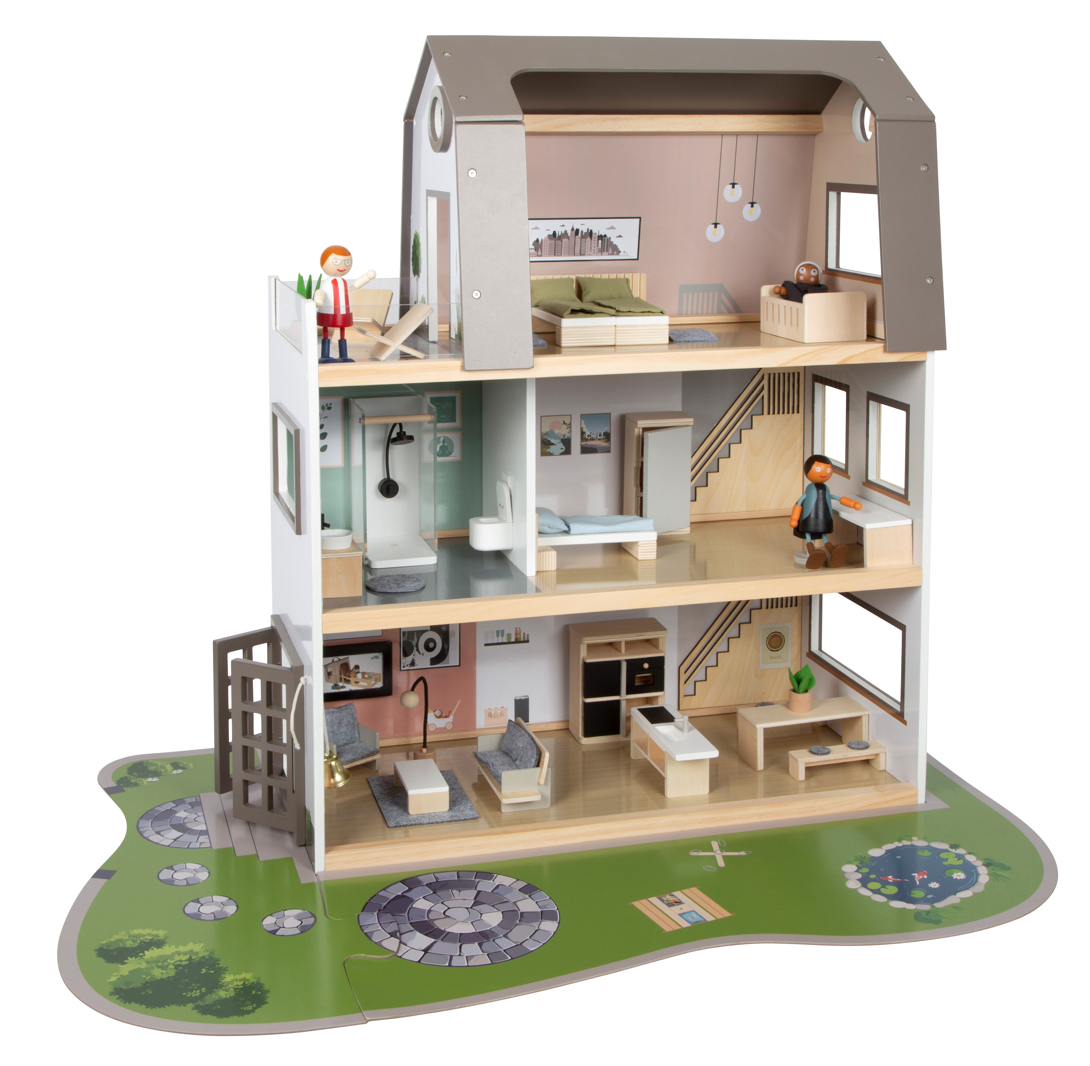 Puppenhaus mit Garten und Puppen im modernen Stil