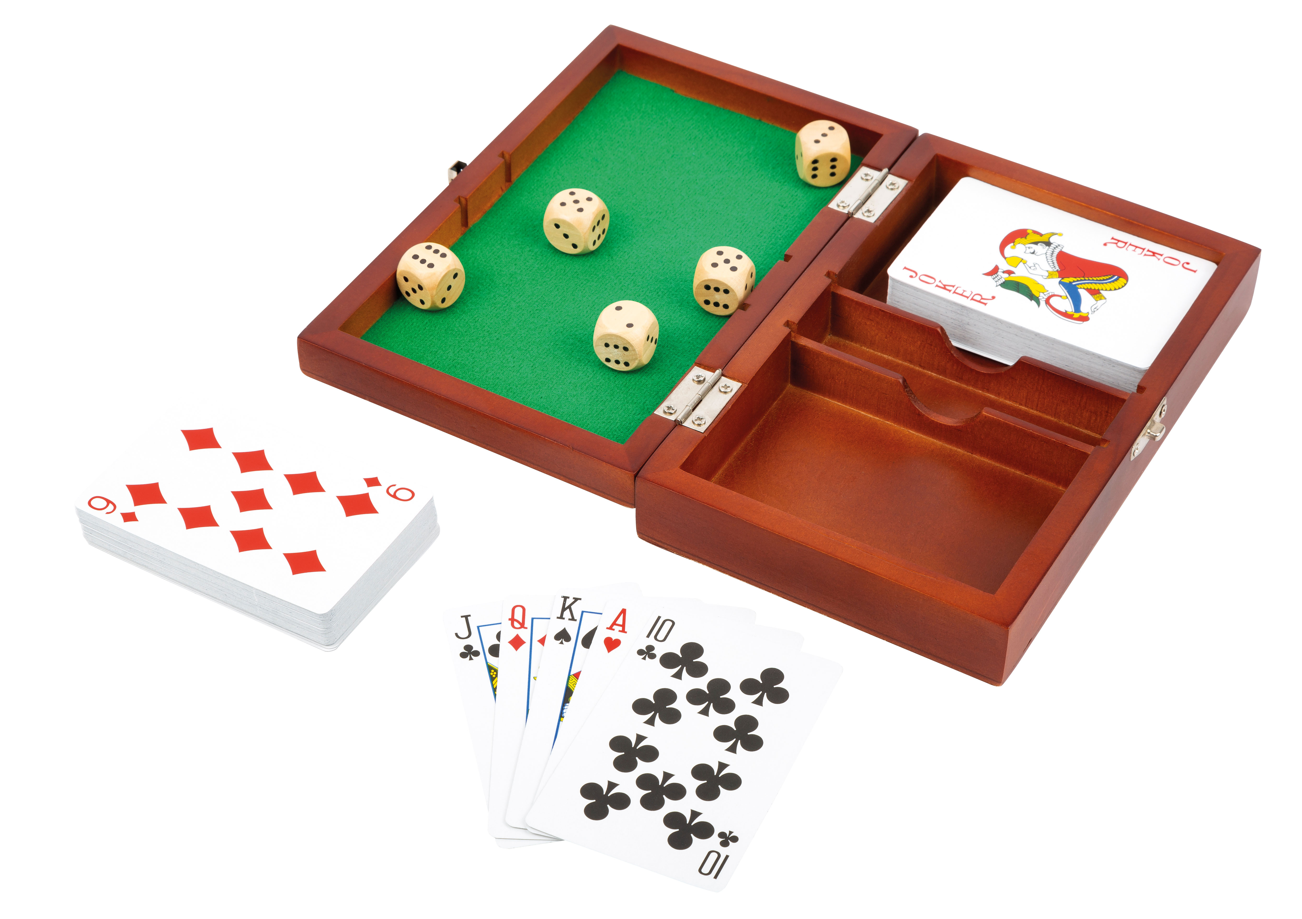 Spiel box mit Karten und Würfel