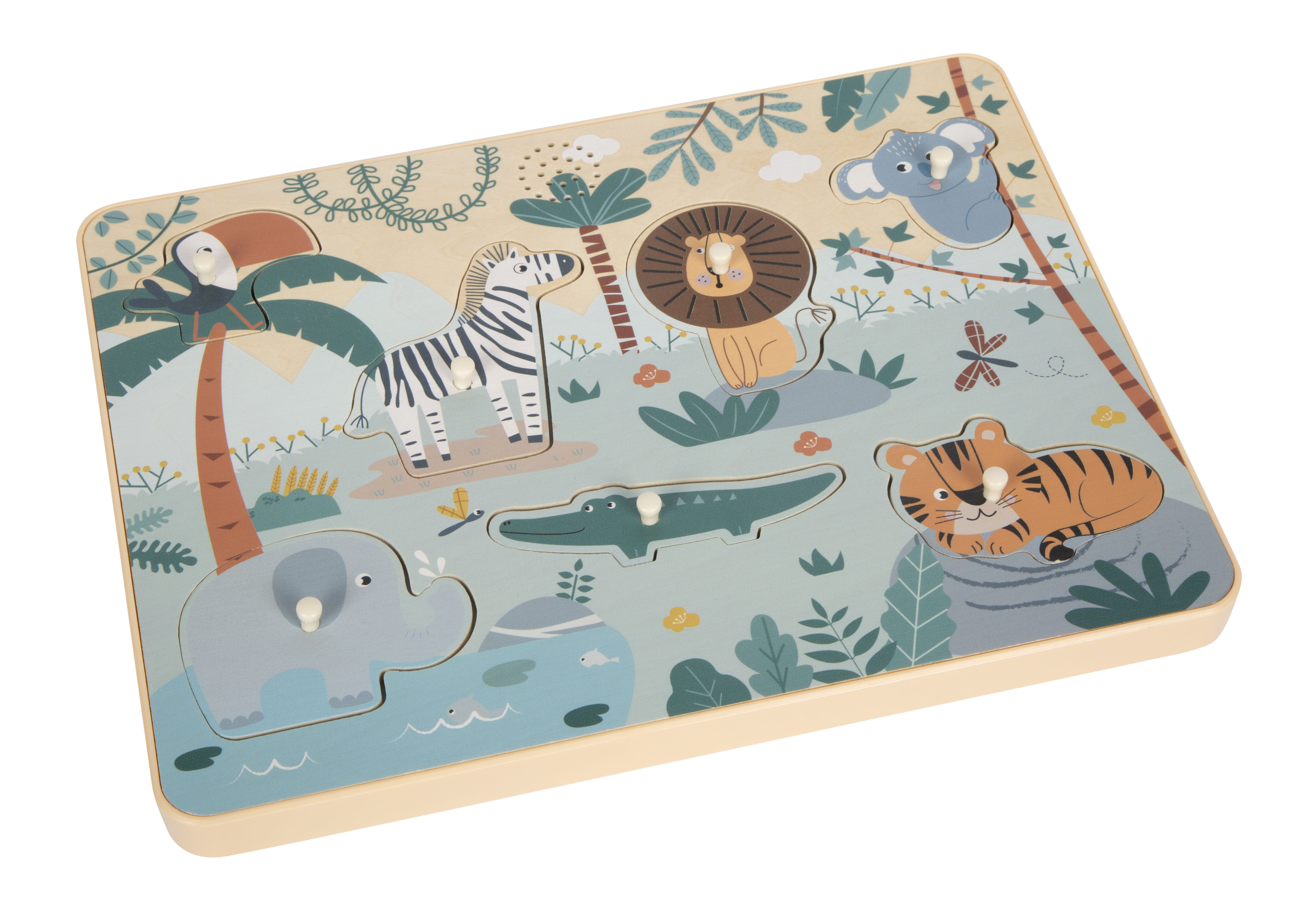 Setzpuzzle Tierlaute: Krokodil, Koala, Löwe, Zebra