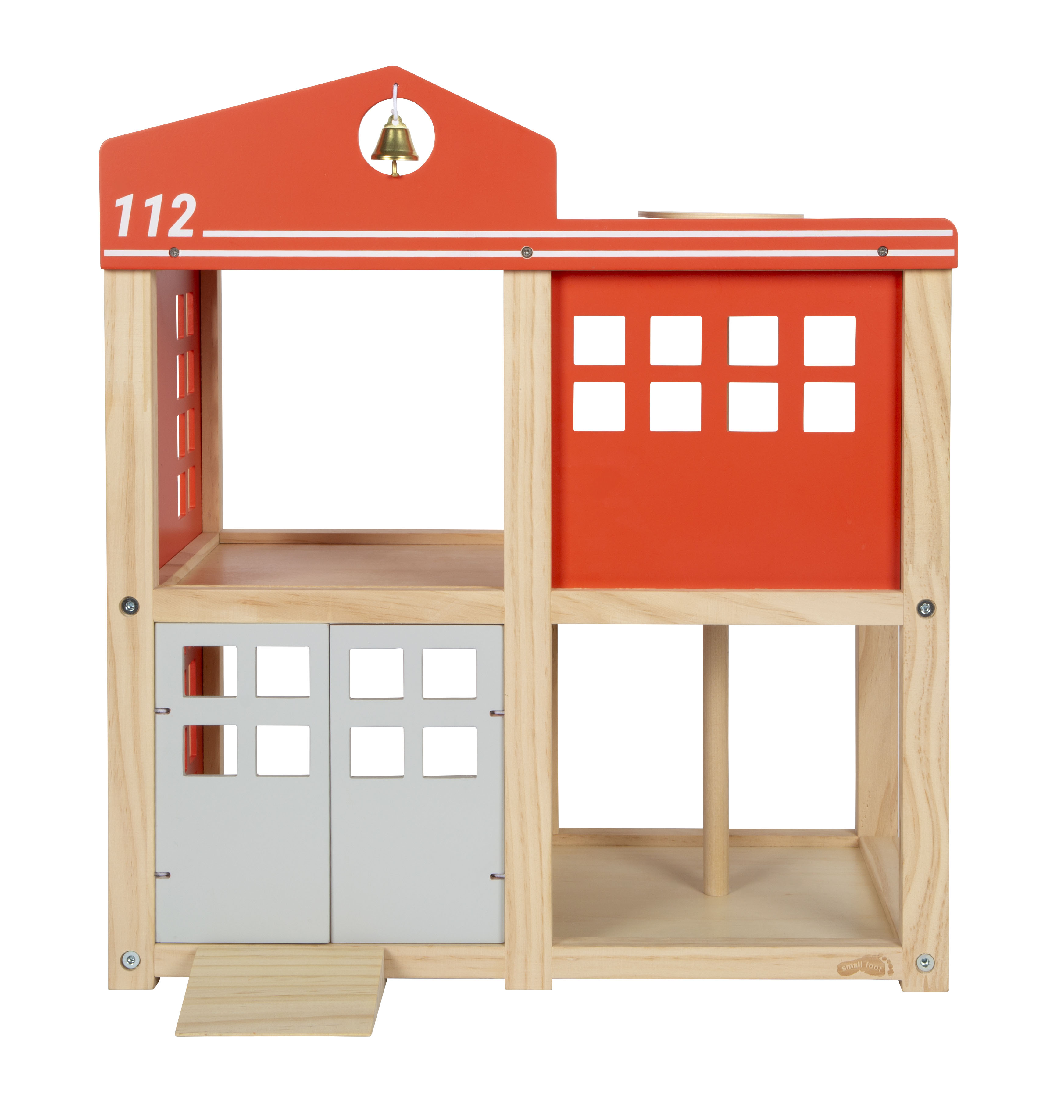 Spiel-Feuerwehrstation aus Holz mit Glocke, Rutschstange und Tor