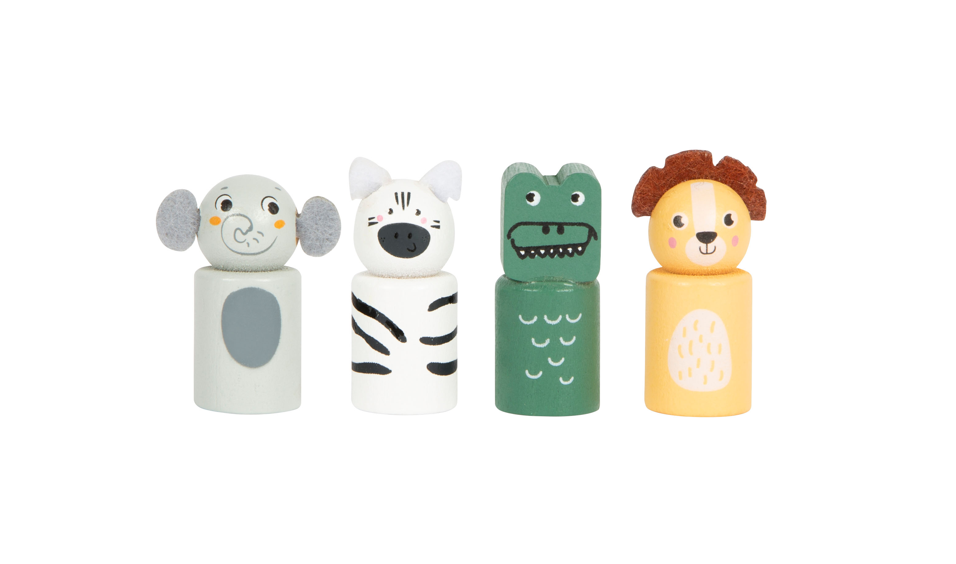 Holz-Spielfiguren Elefant, Zebra, Krokodil und Löwe