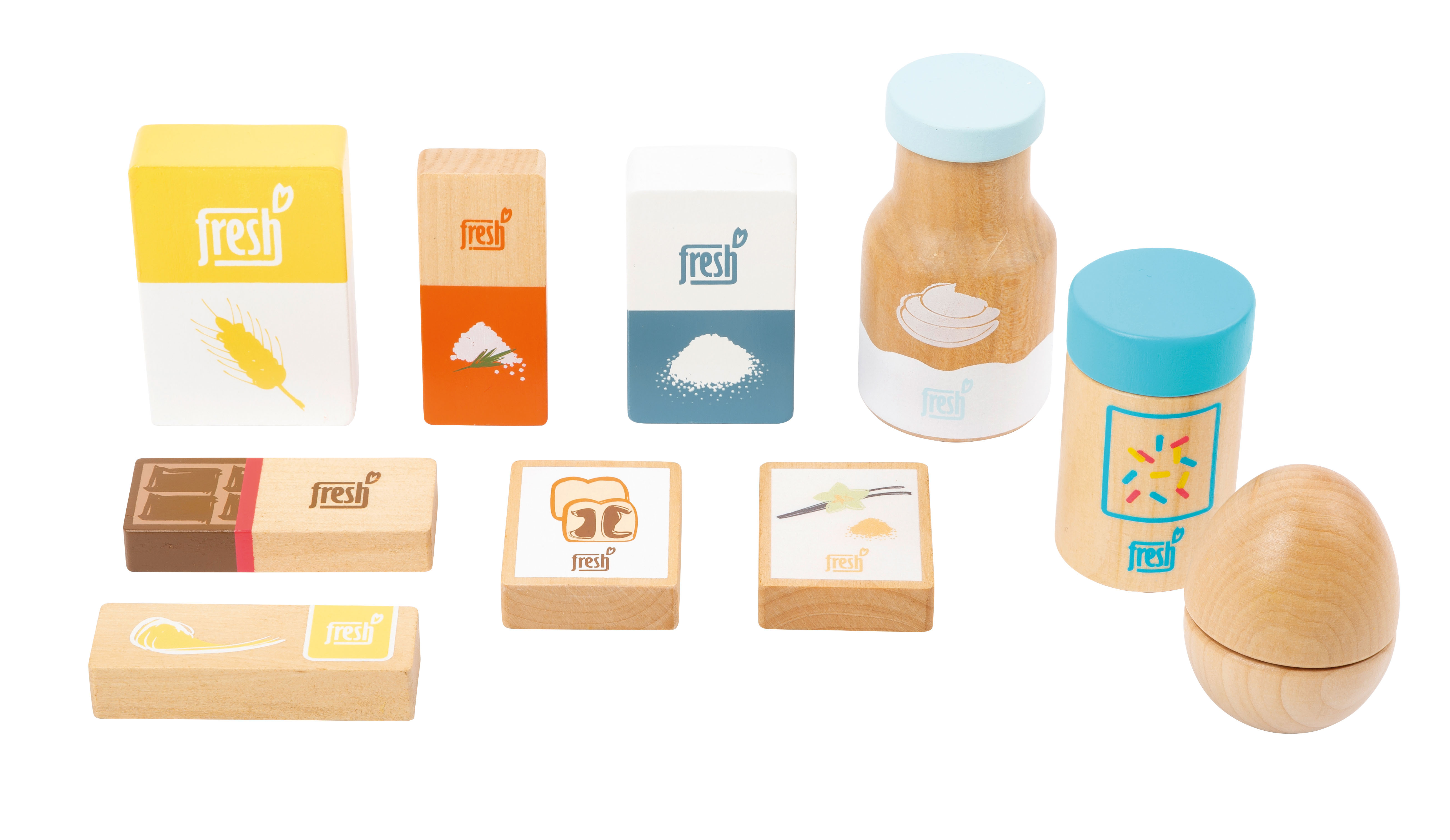Zutaten wie Mehl, Butter, Salz, Zucker, Streusel, Ei aus Holz zum Backen in der Spielküche