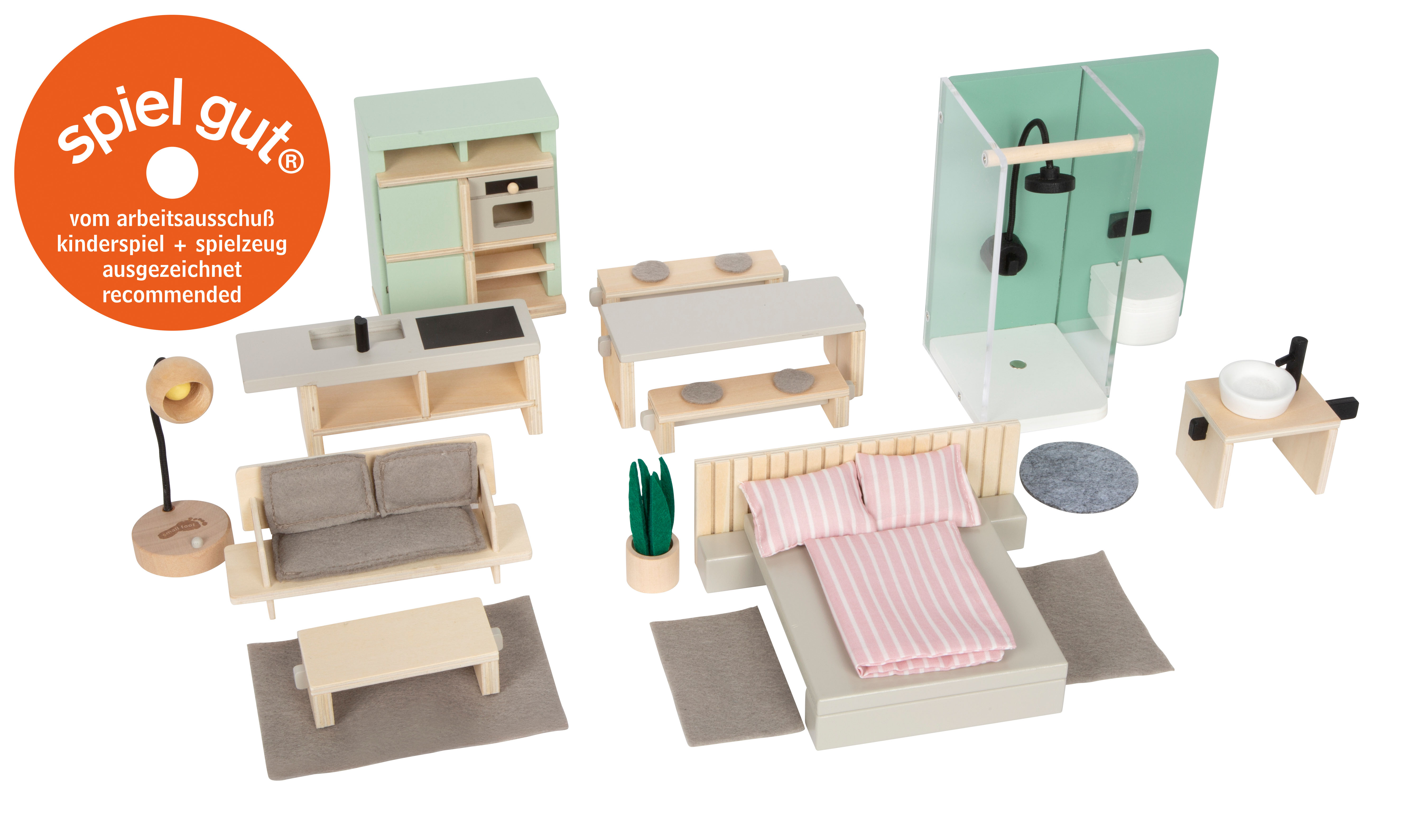 holzspielzeug, miniature-moebel, kuechenzeile, bettsofa, wohnzimmer-set
