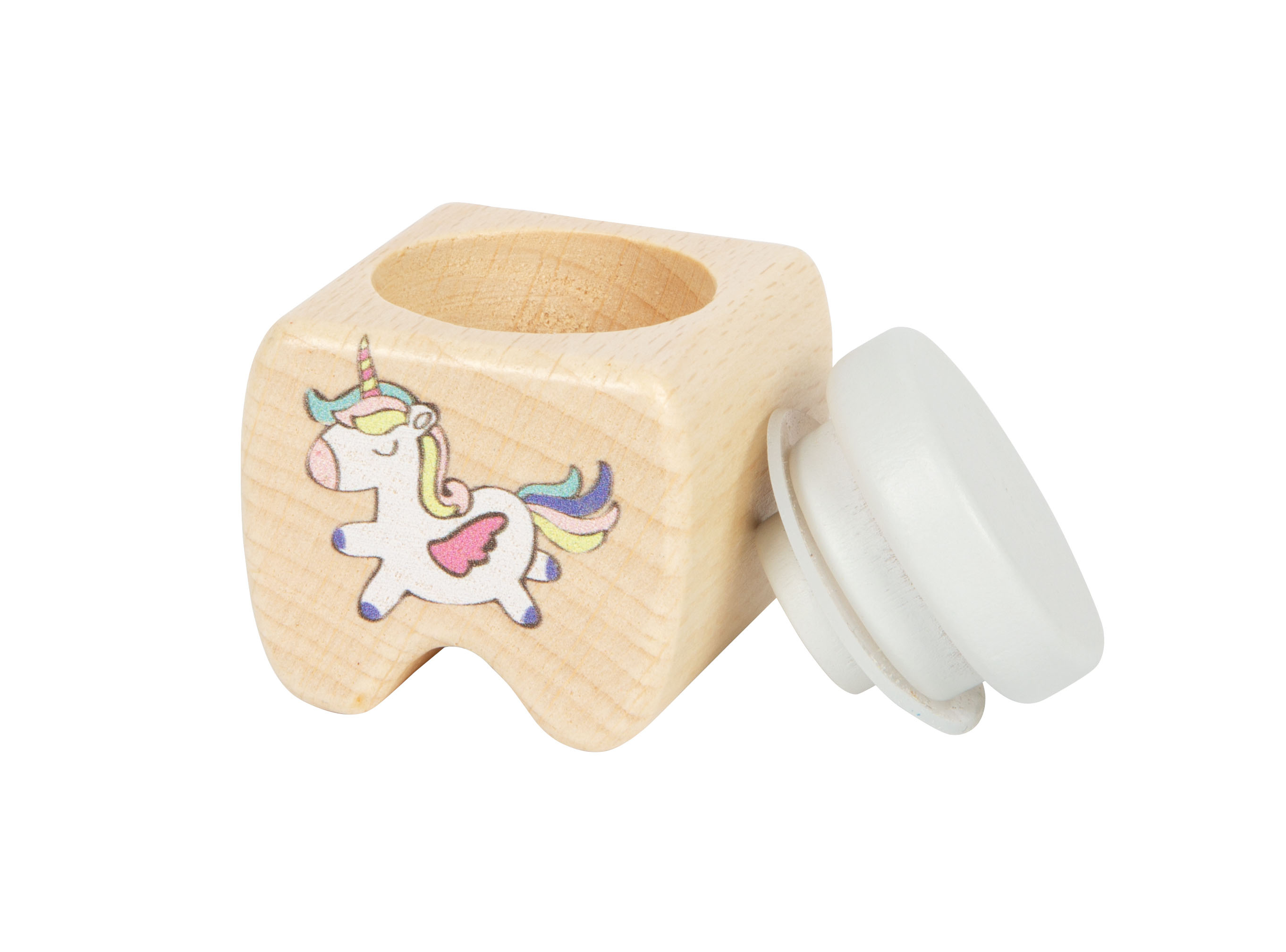 Milchzahndosen aus Holz in Zahn-Form mit Einhorn-Motiv