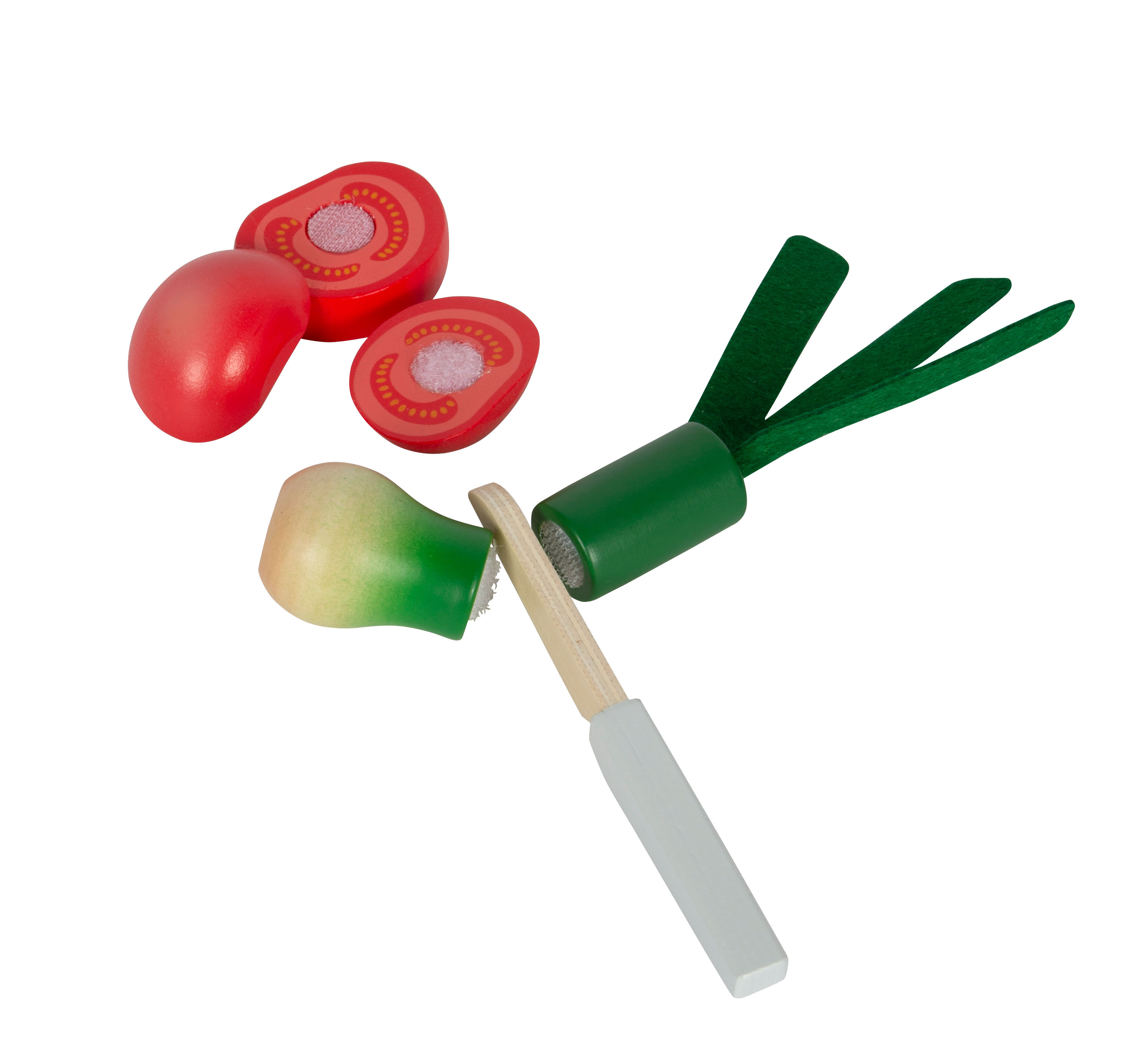 Tomate und Lauch aus Holz mit Holzmesser für Kinder