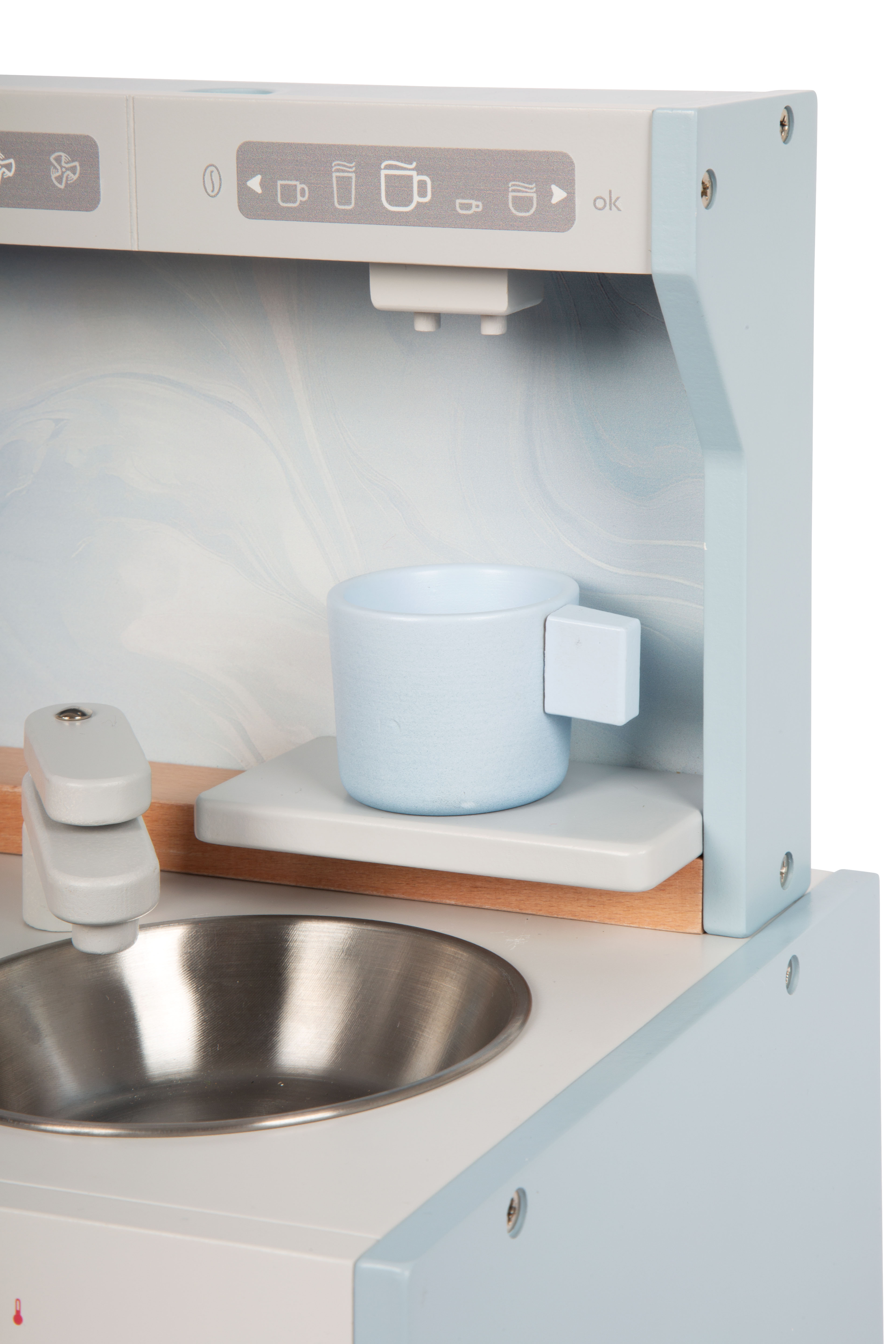 Blaue kompakte Kinderküche mit Kaffeemaschine für Café Crème und Espresso