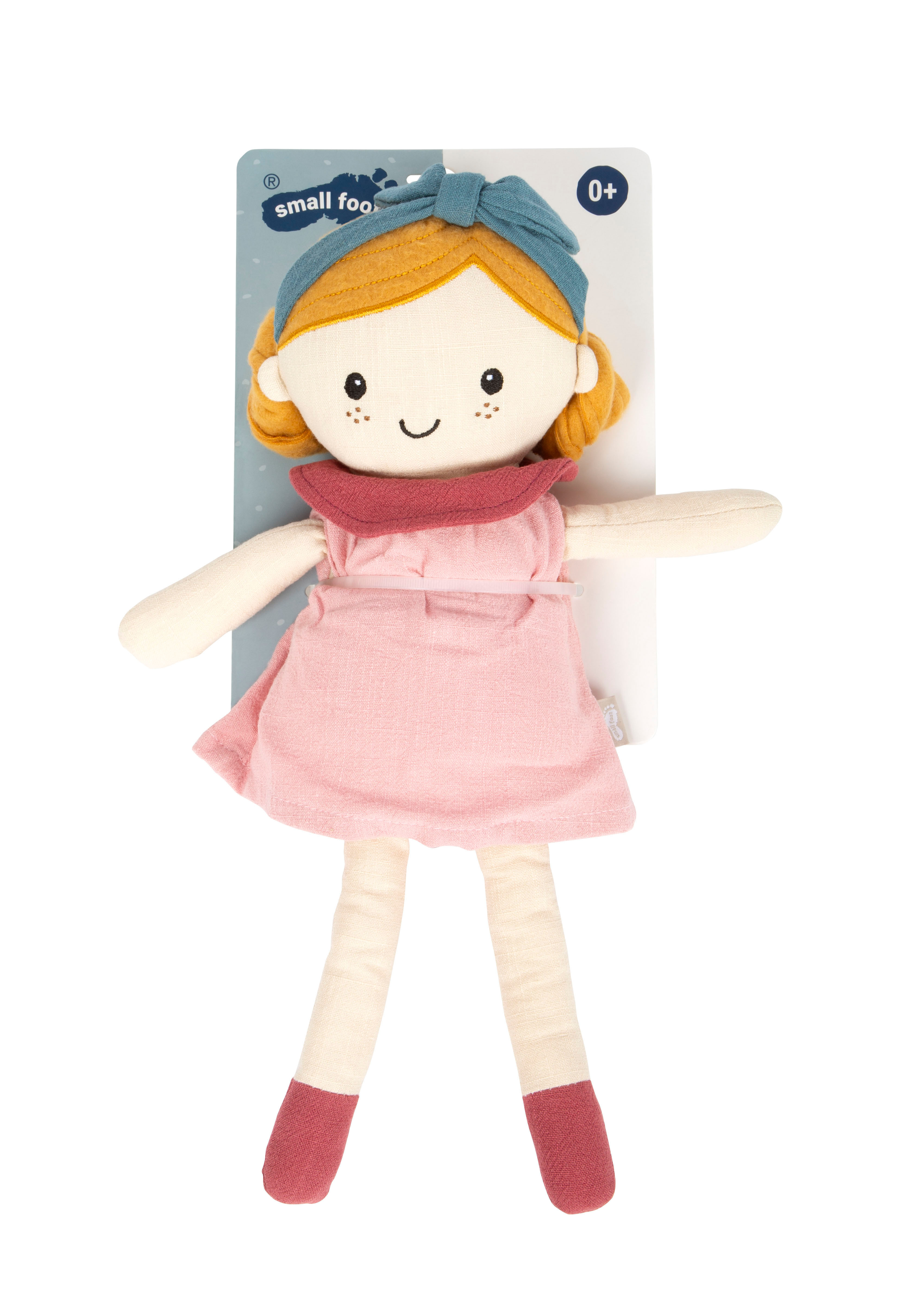 Stoffpuppe mit blonden Haaren und rosa Kleid für Kinder aus Plüsch, Verpackung