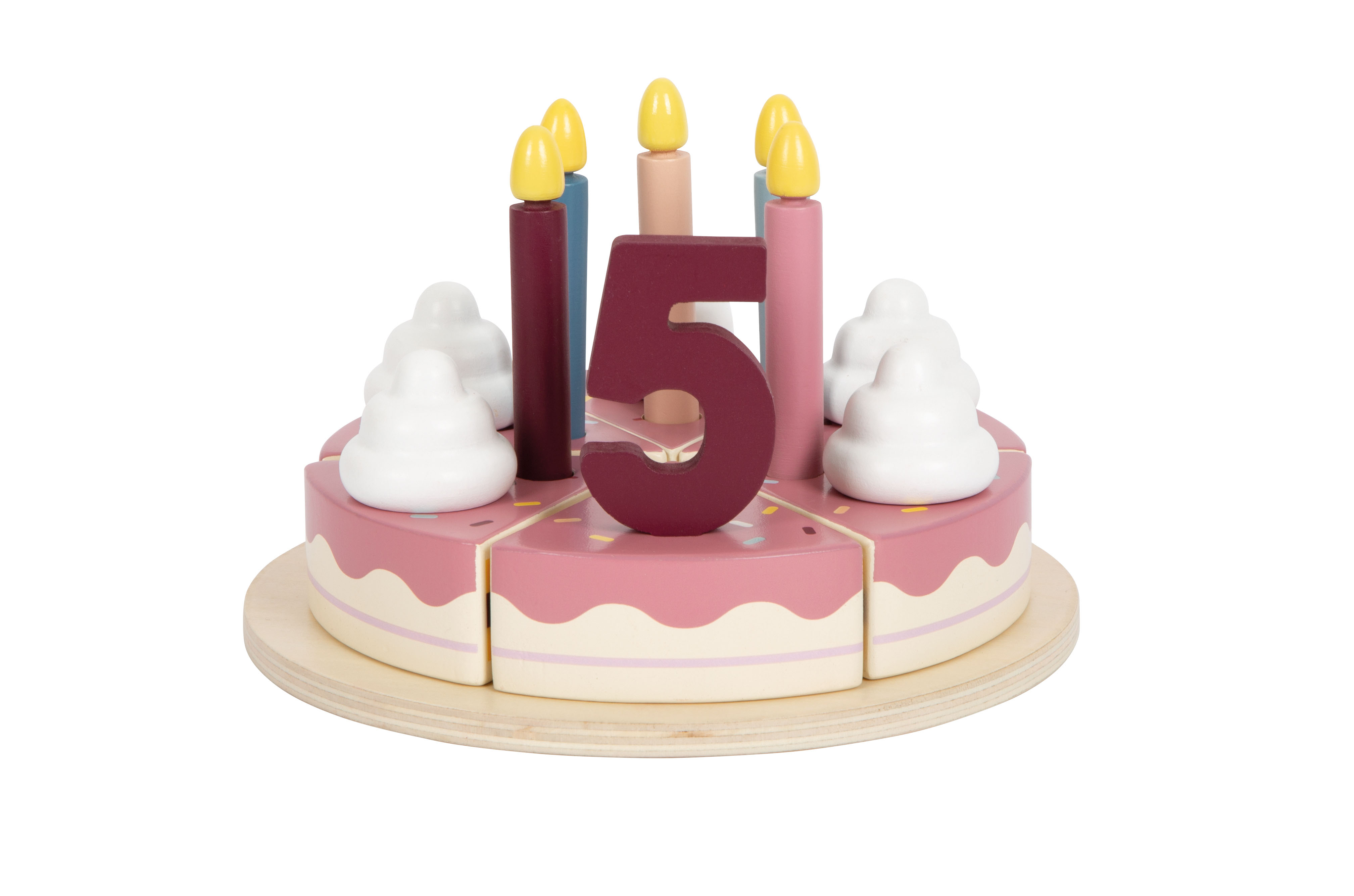 Schneide-Kuchen aus Holz mit Kerzen