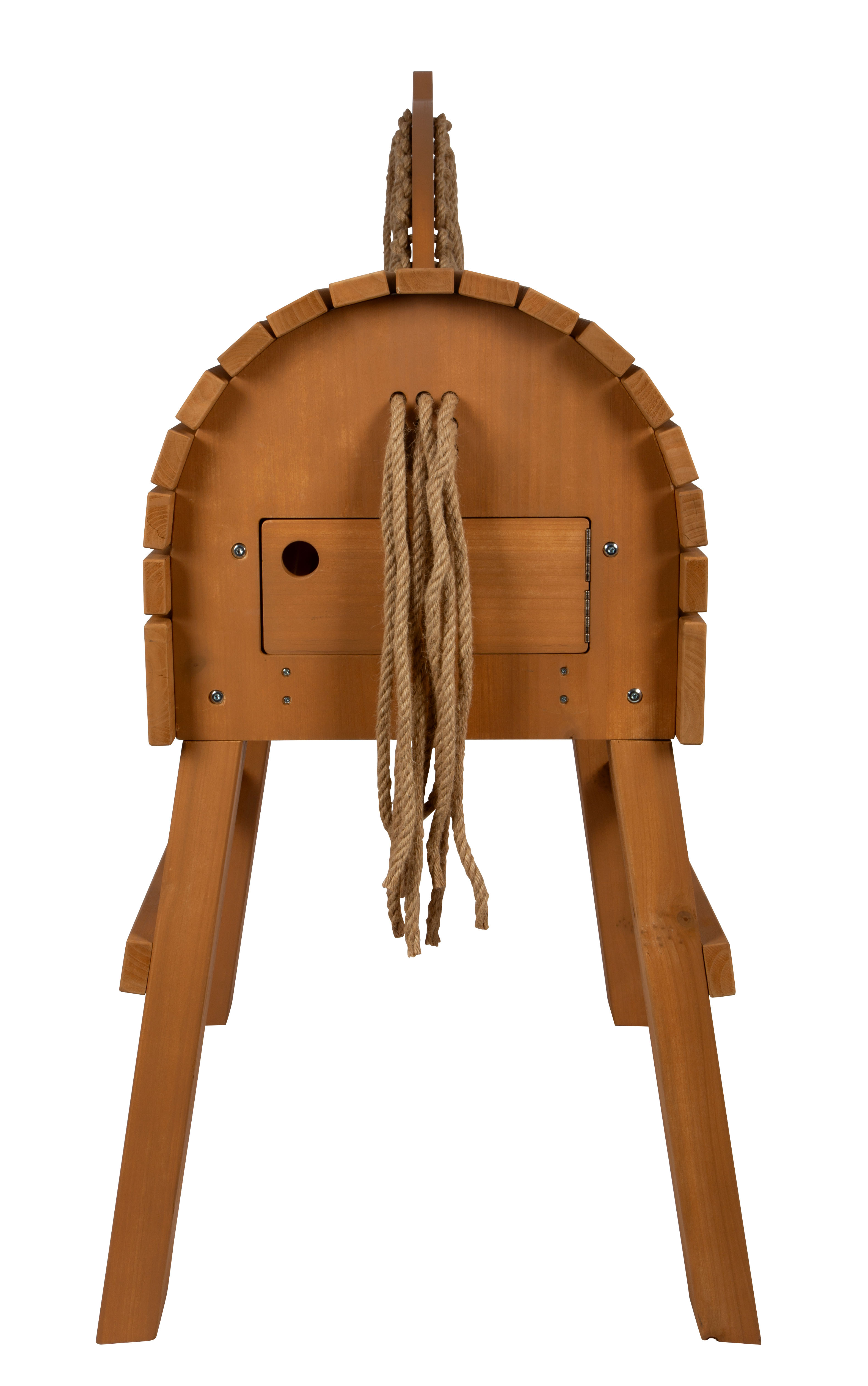 Rückseite mit Klappe von braunem Holzpferd
