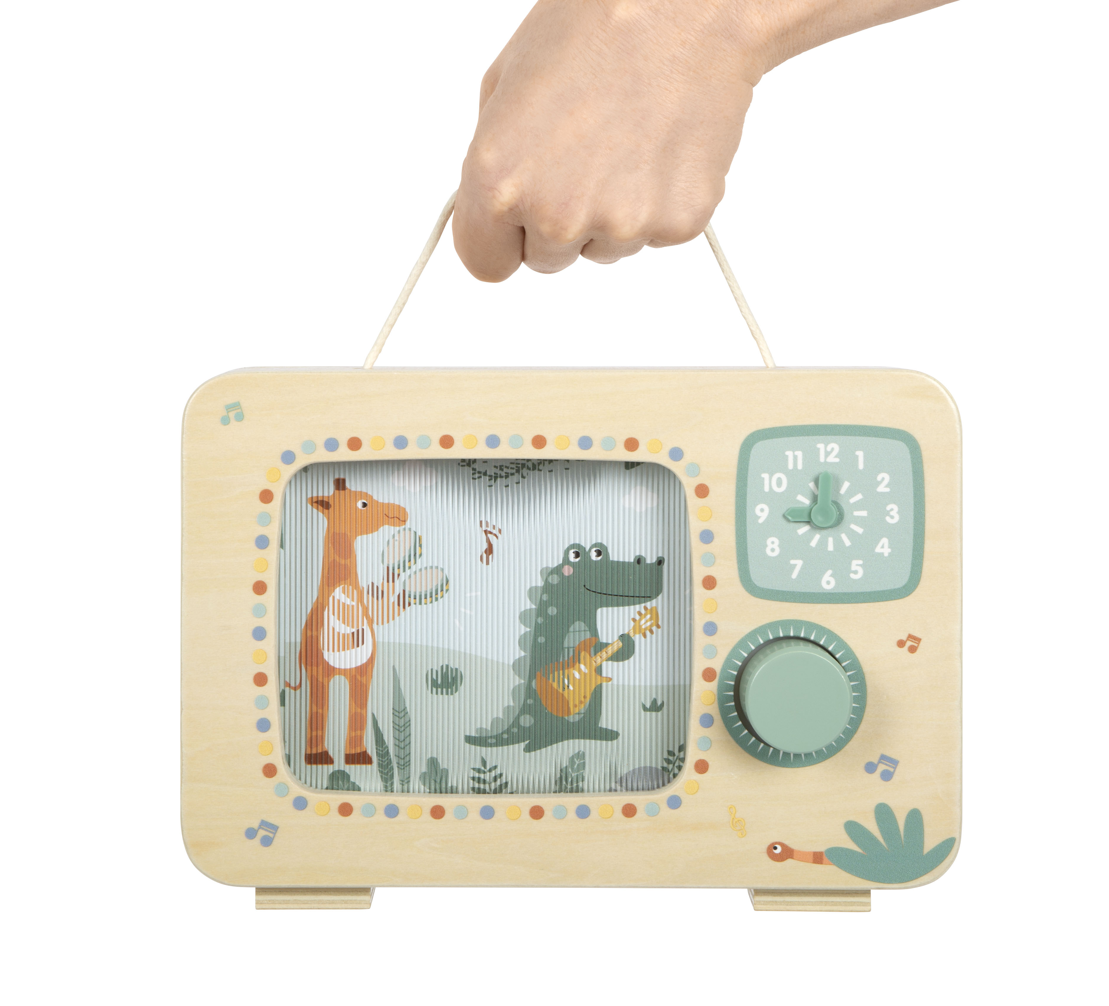 TV-Spieluhr aus Holz mit Tragegriff