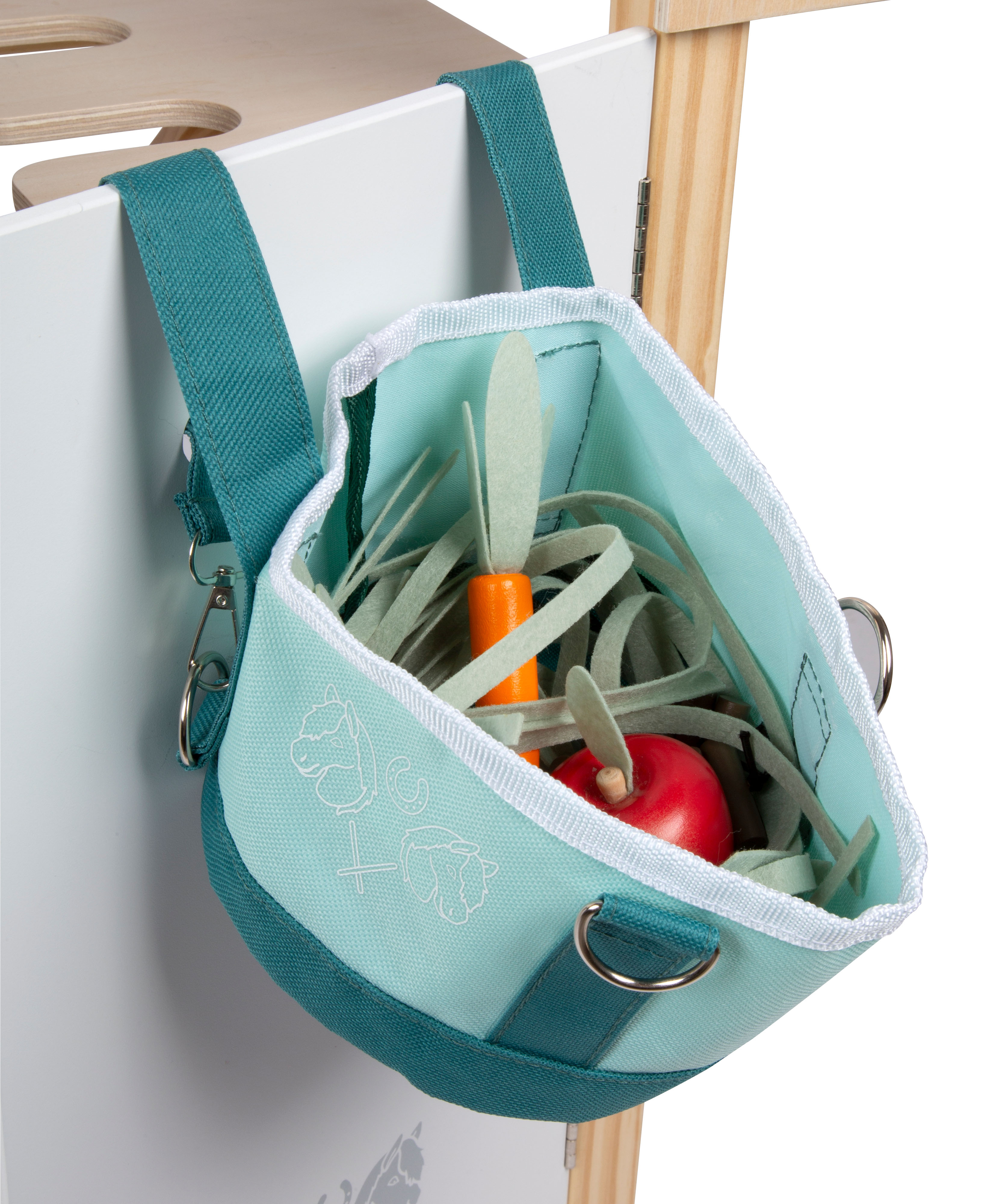 Pferdefutter-Spielset in grüner Tasche zum Befestigen am Pferdestall