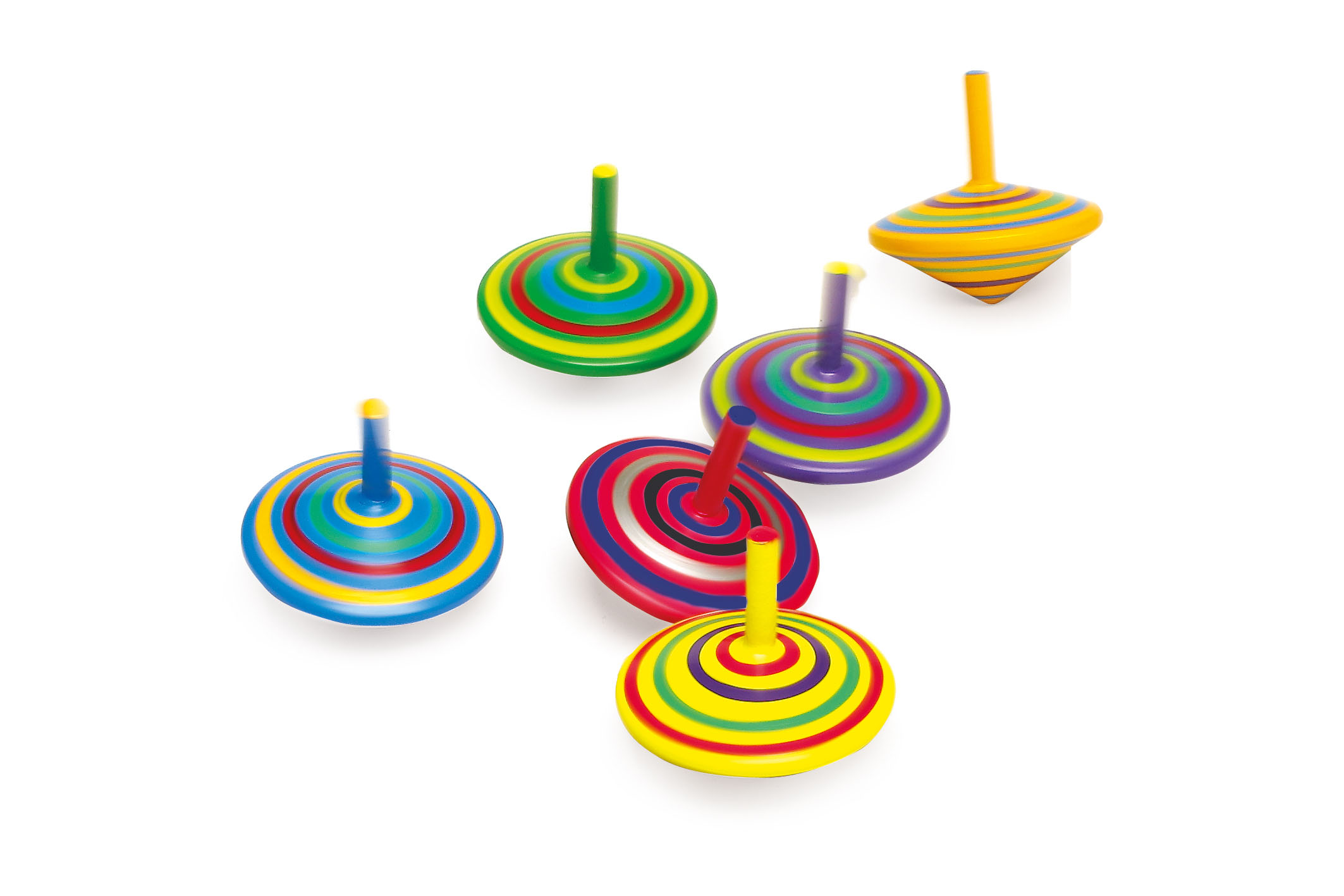 Sechs bunte Kreisel aus Holz