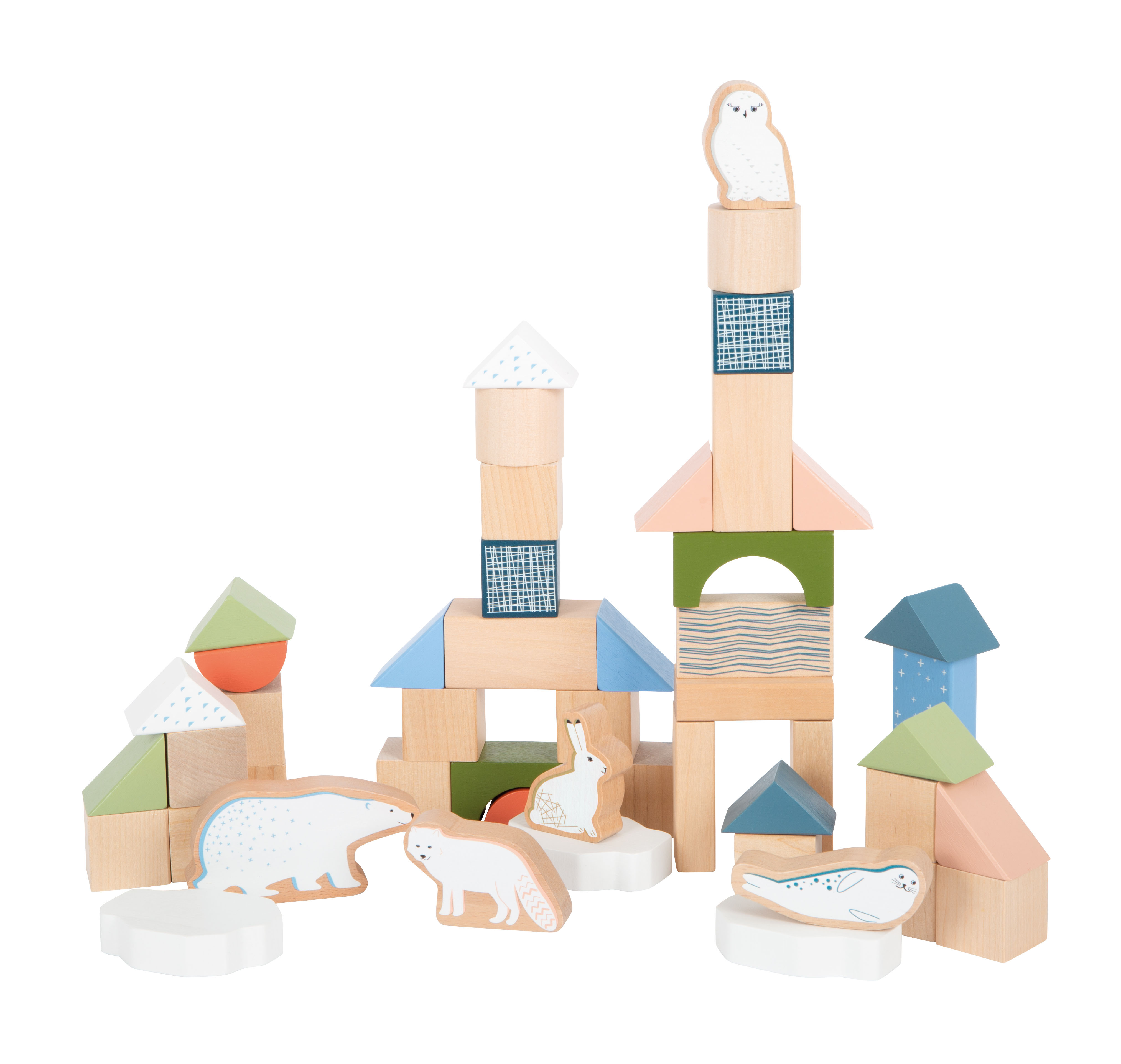 Kind spielt mit Bausteinen und Arktis-Tierfiguren