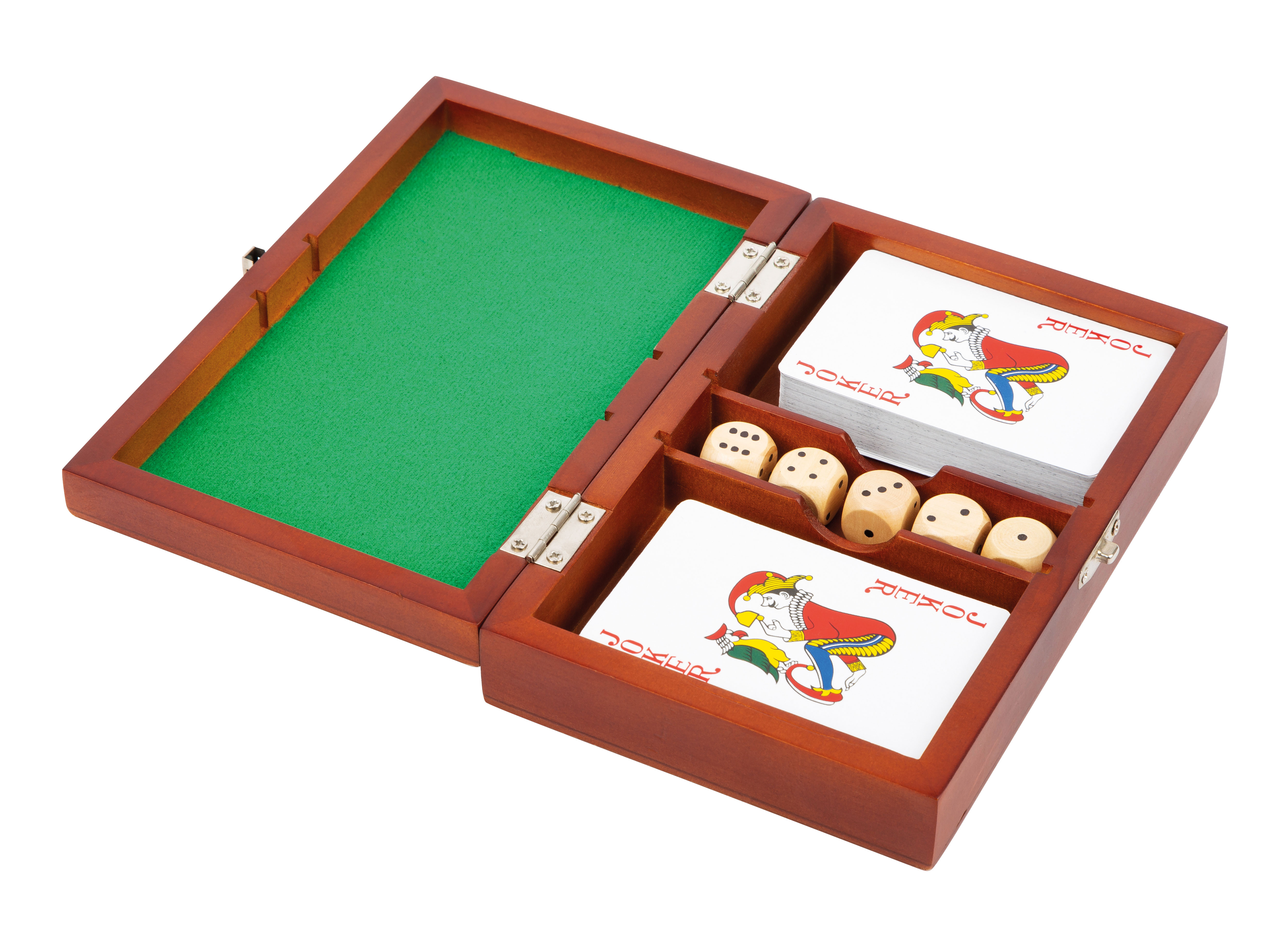 Box mit Kartensets und Würfeln