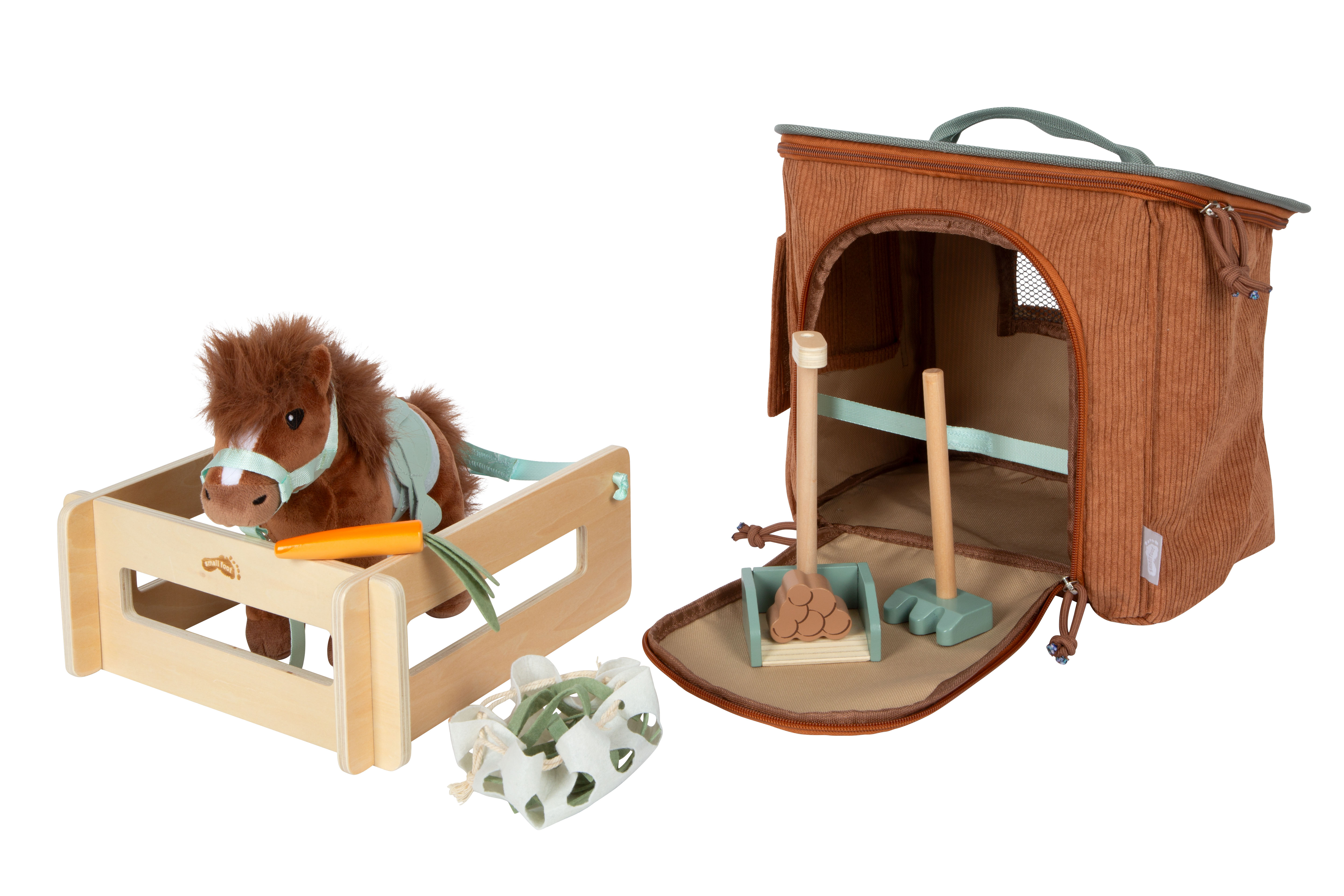 Spielset Pferd mit Stall und Zubehör in der Tasche braun mit Tragetasche