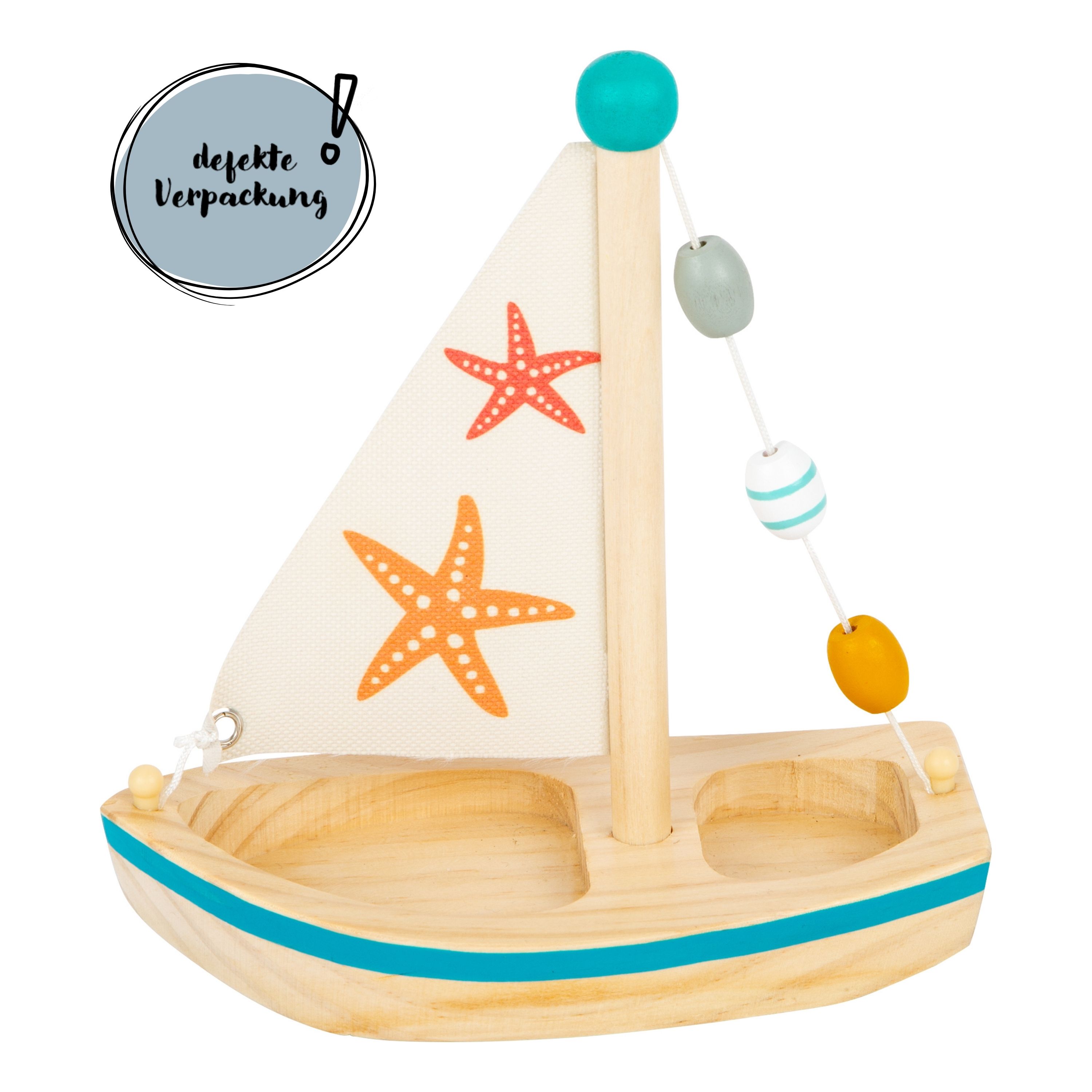 Wasserspielzeug Segeboot aus Holz für Kinder mit defekter Verpackung