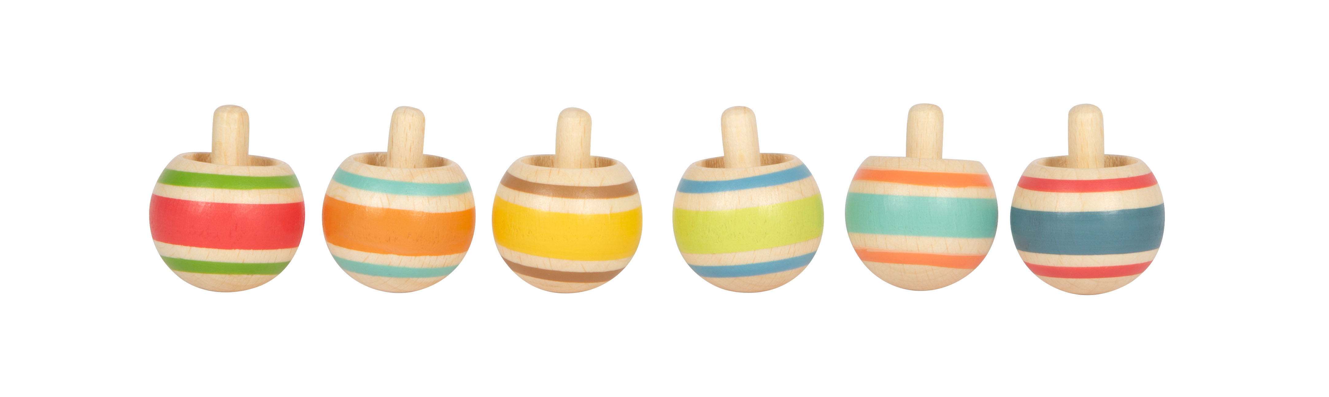 Sechs gestreifte Umkehrkreisel aus Holz