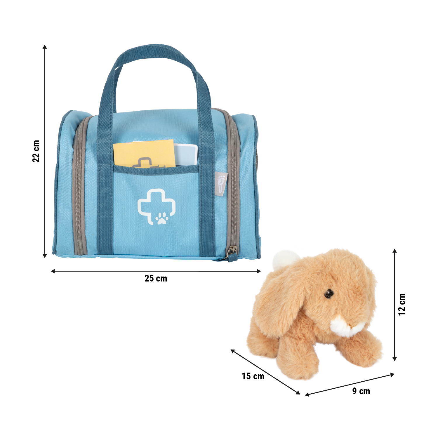 Abmessungen Plüschhase und Tierarzt-Tasche