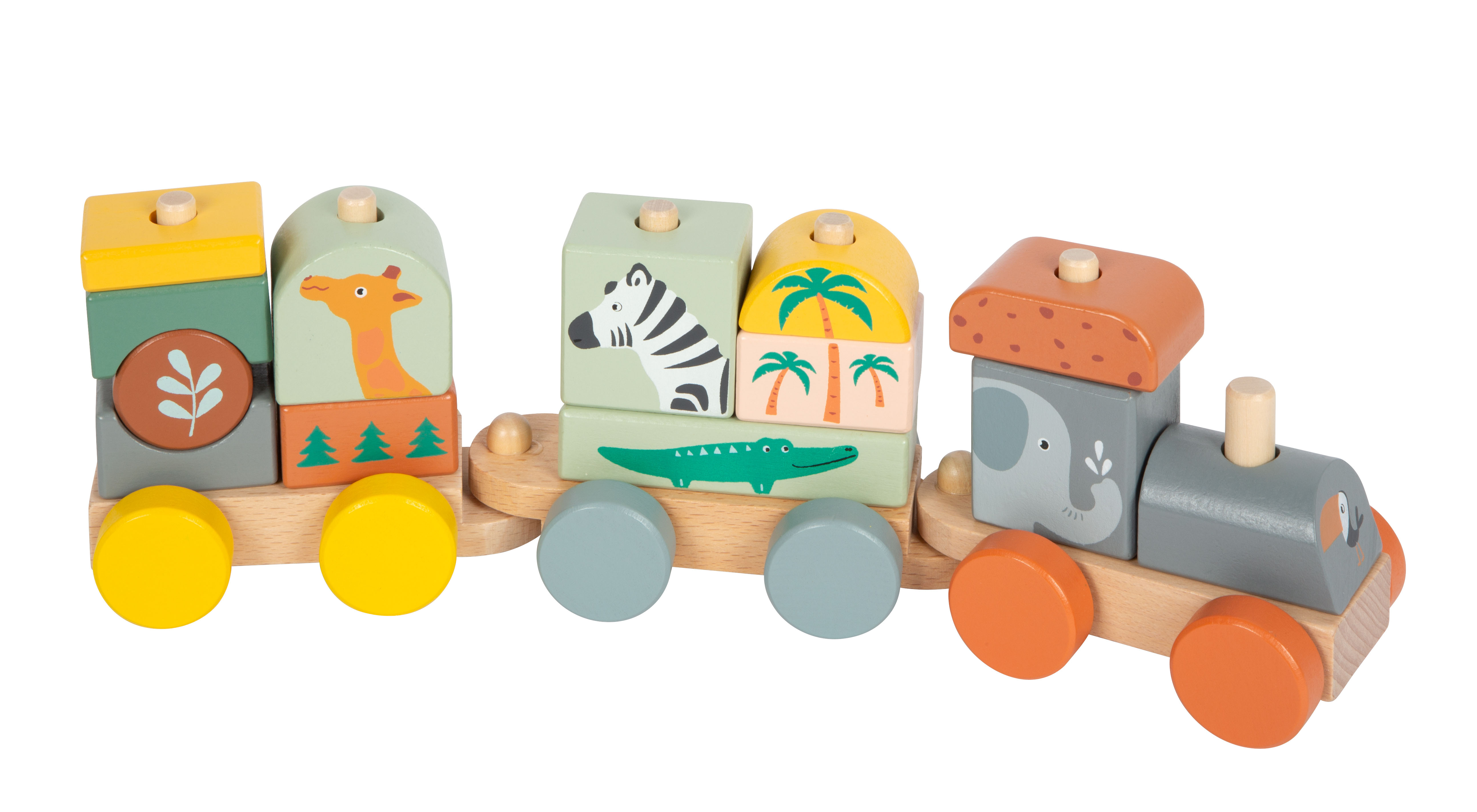 Spielzeugzug aus Holz mit Safari-Motiven