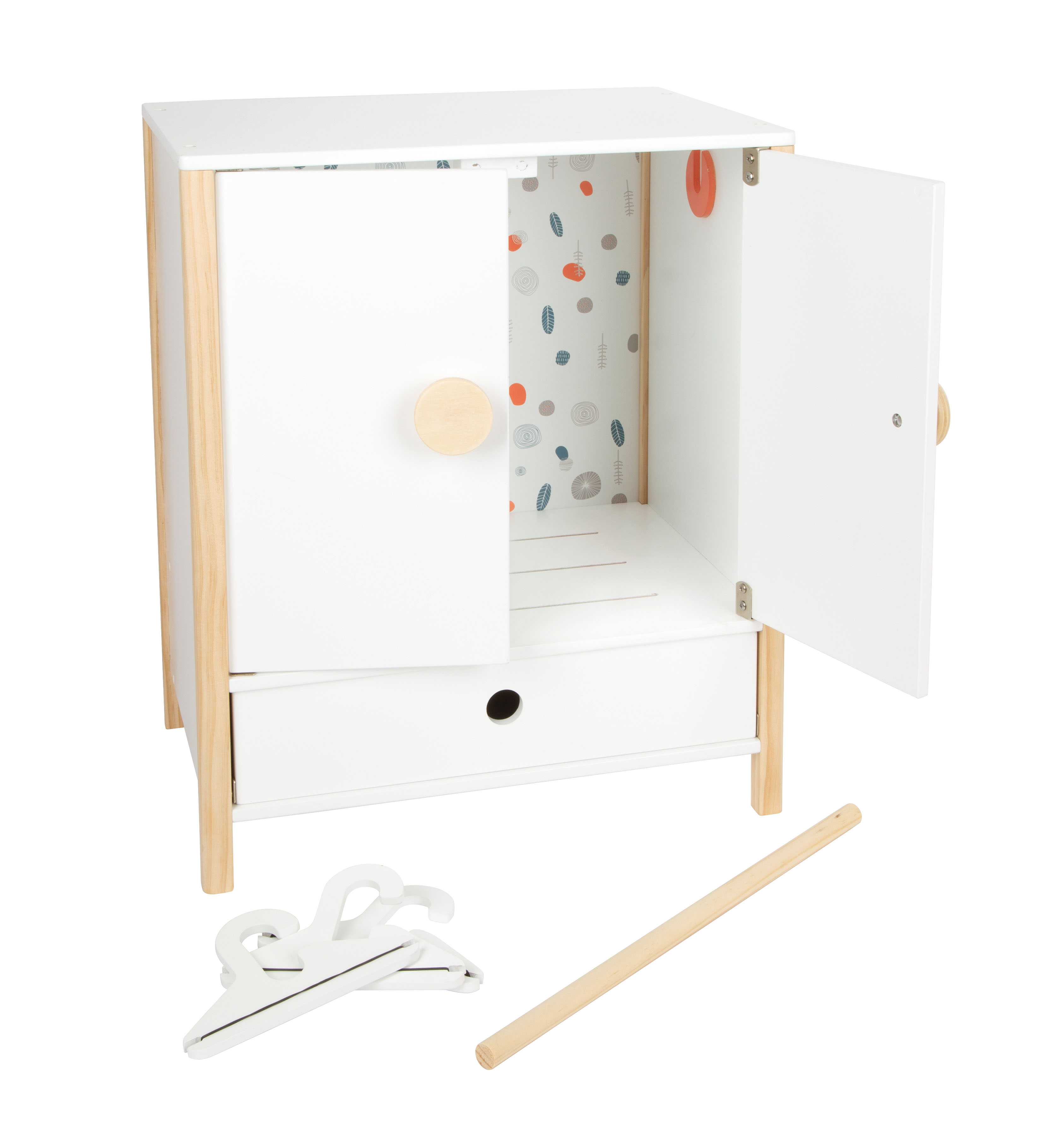 Puppenschrank aus Holz mit Kleiderbügeln und Kleiderstange