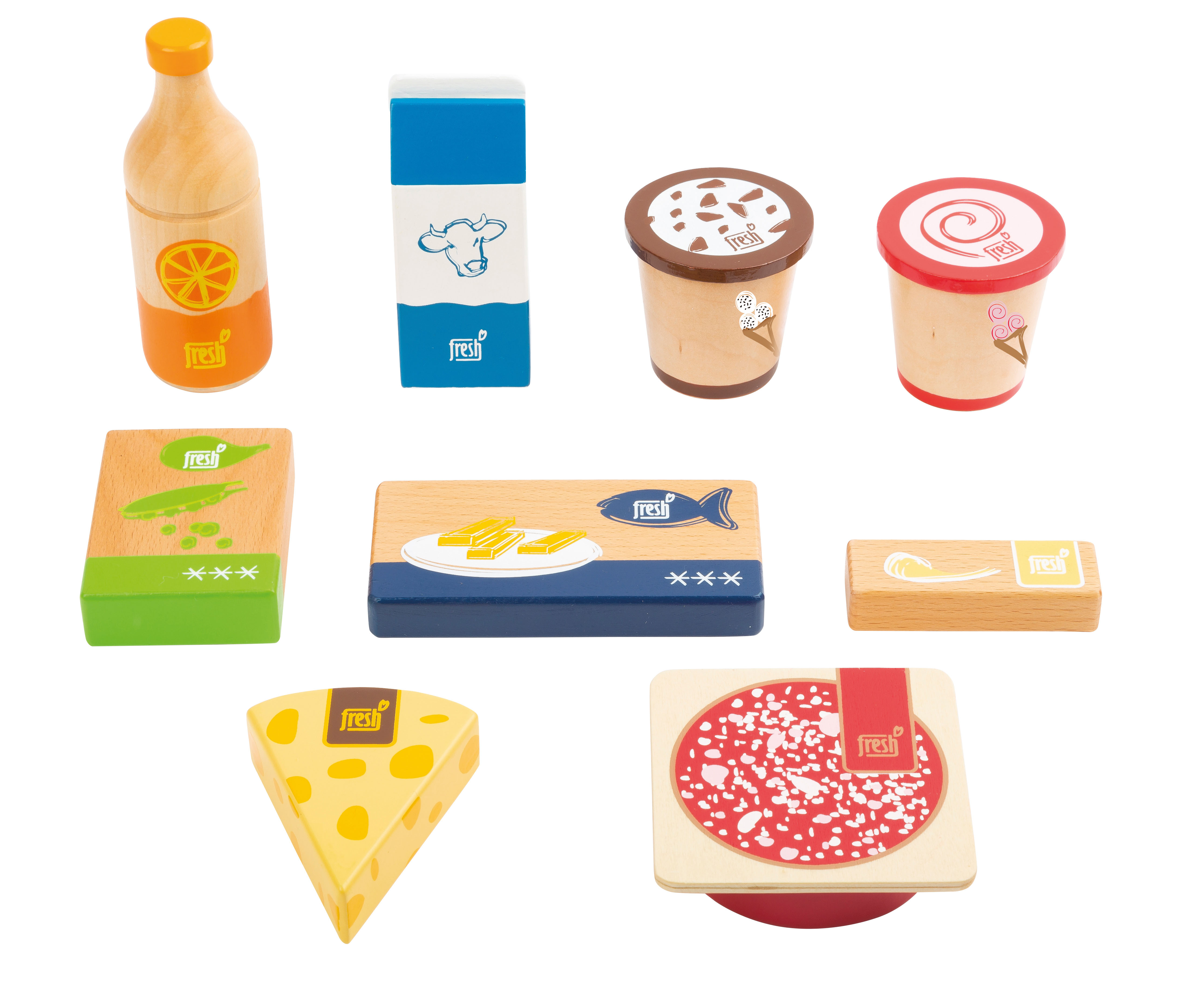 Salami, Käse, Erbsen, Fisch, Butter, Milch, Orangensaft, Schoko sowie Erdbeerpudding aus Holz – realitätsnahes Lebensmittelspielzeug zum Spielen in der Kinderküche