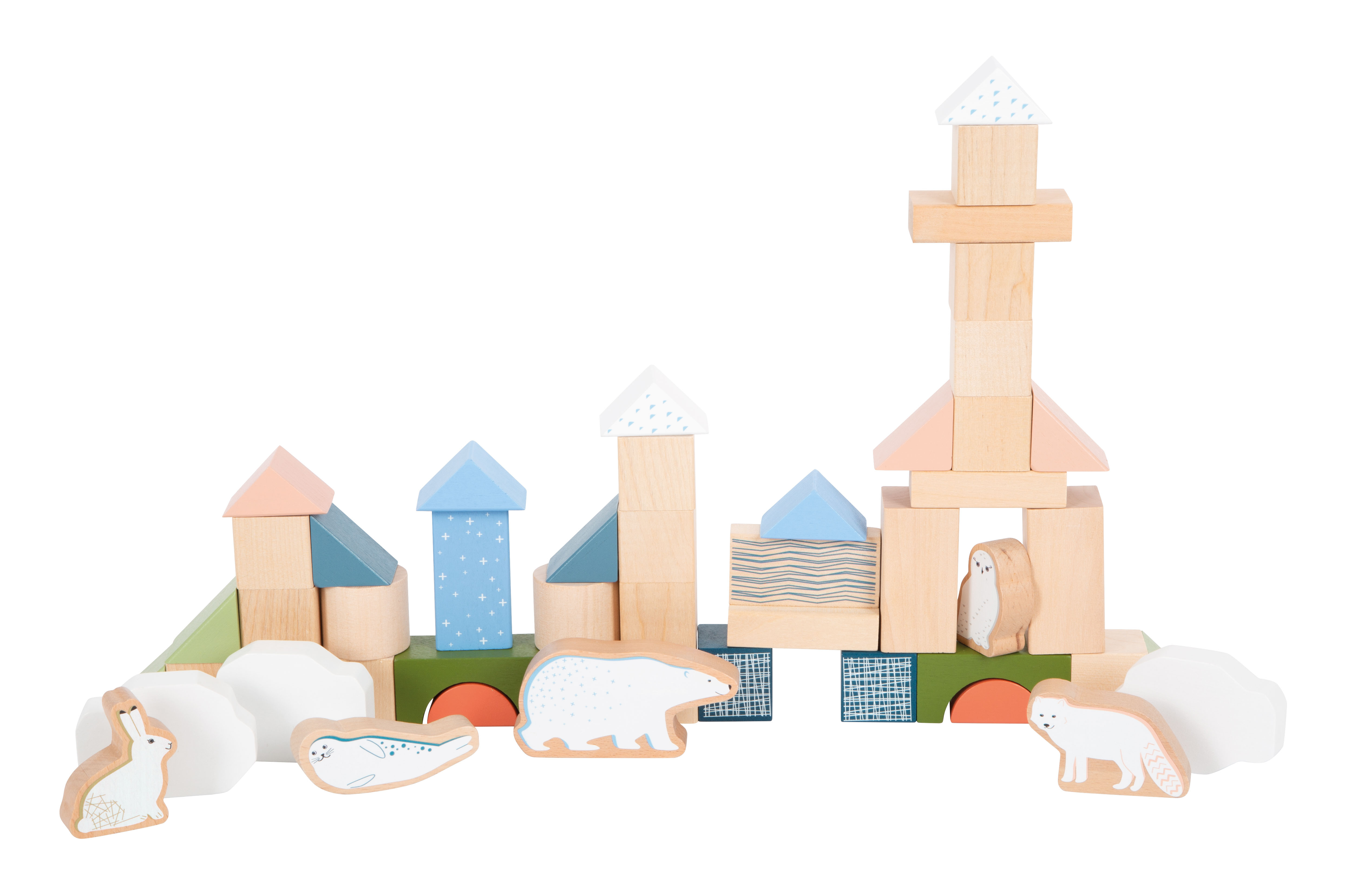 Holzbausteine und Arktis-Tierfiguren für Kinder