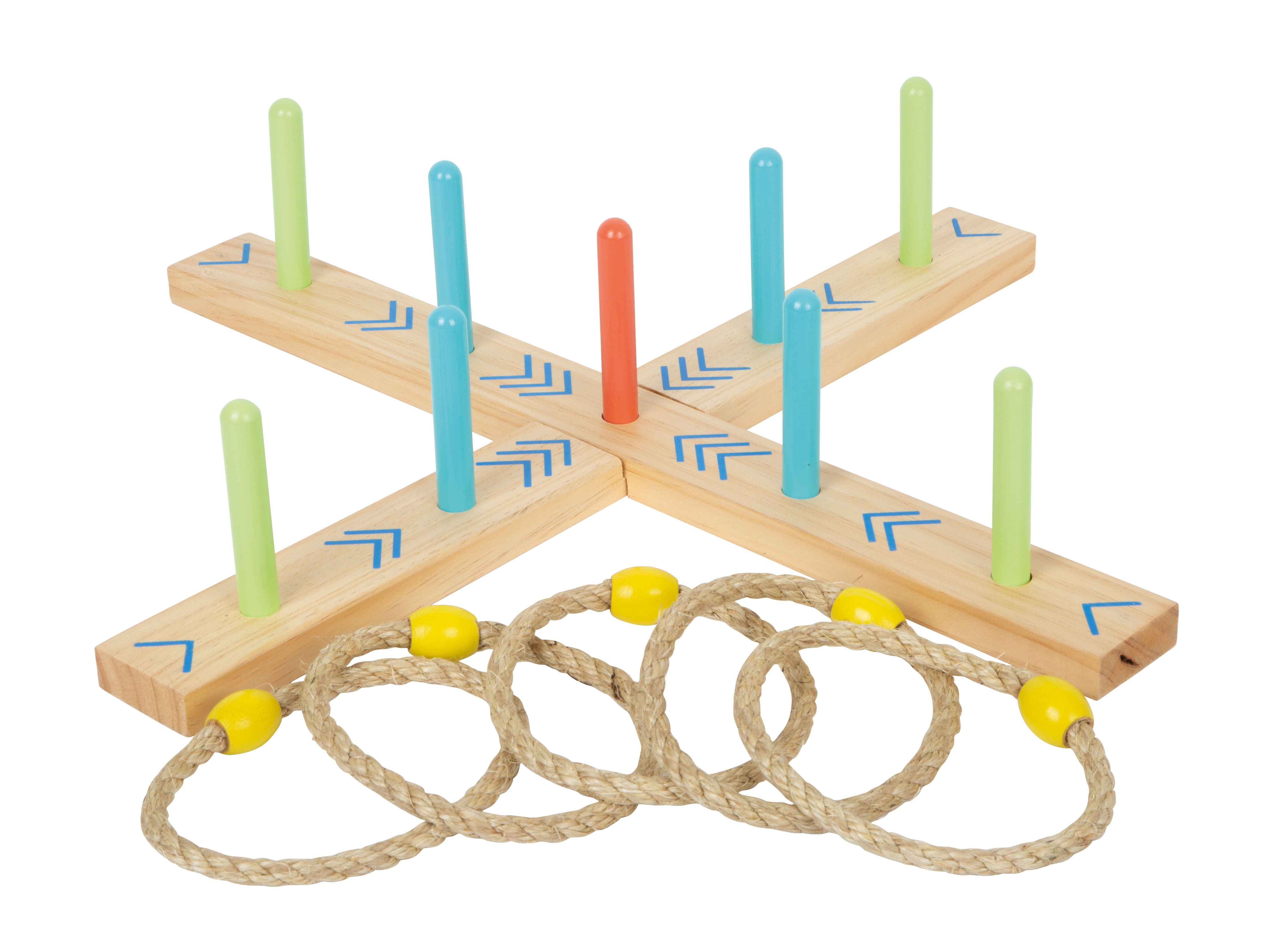 Buntes Wurfspiel aus Holz mit geflochtenen Ringen