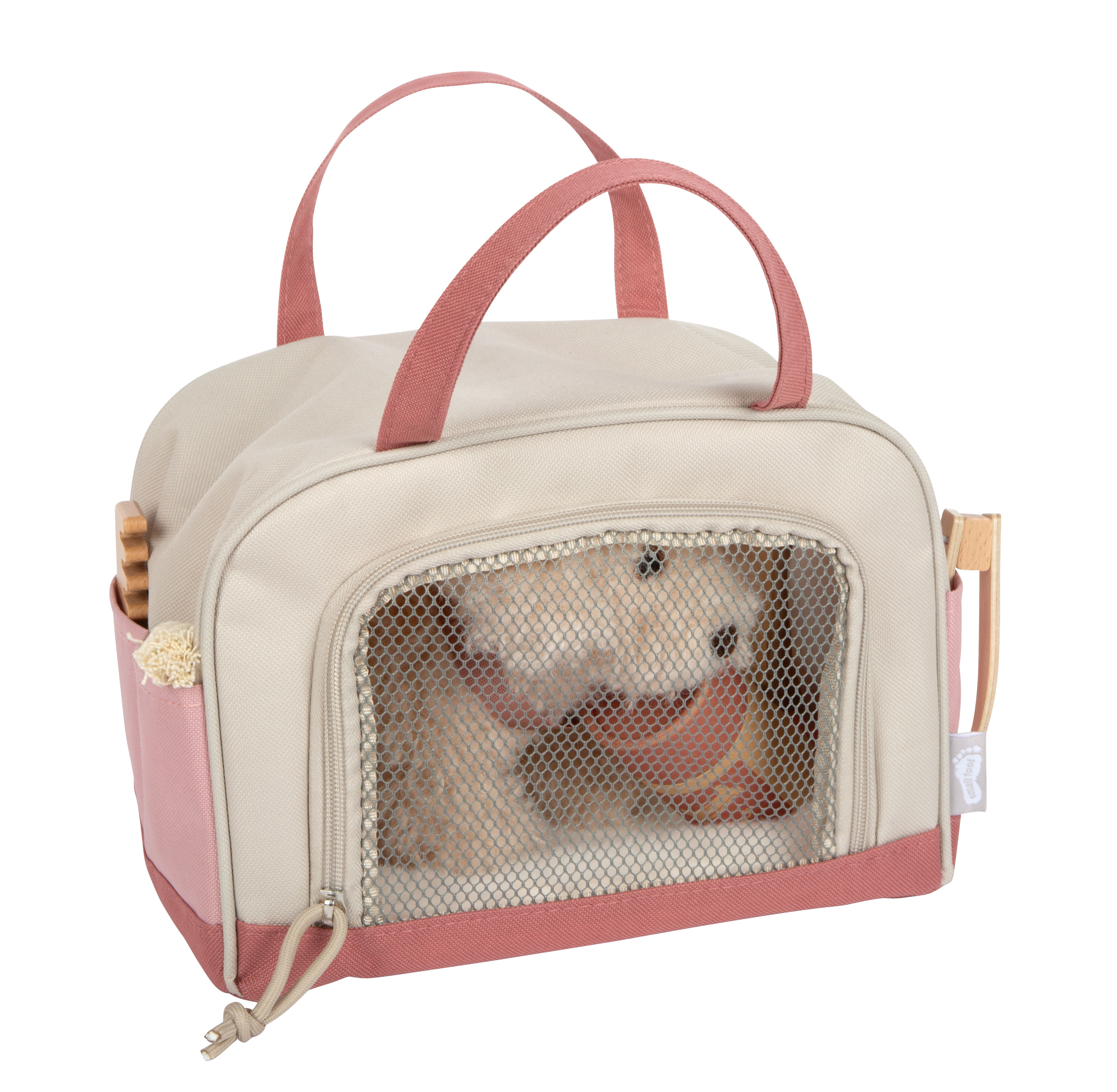 tiertransporttasche, Mesh-Fenster, beige Tasche, rosa Akzente, Tragegriffe