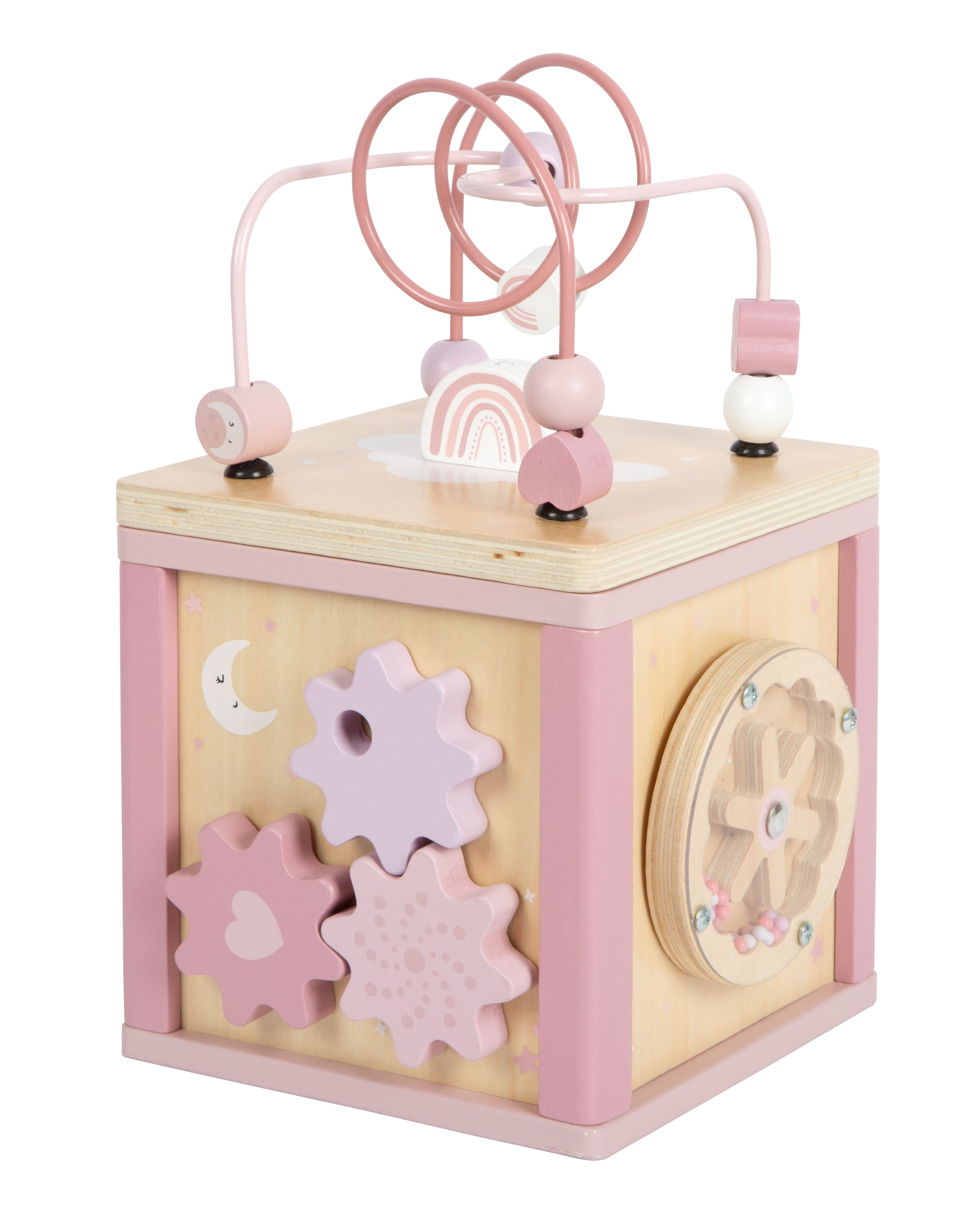Rosa Motorikwürfel aus Holz zum Spielen für Kinder