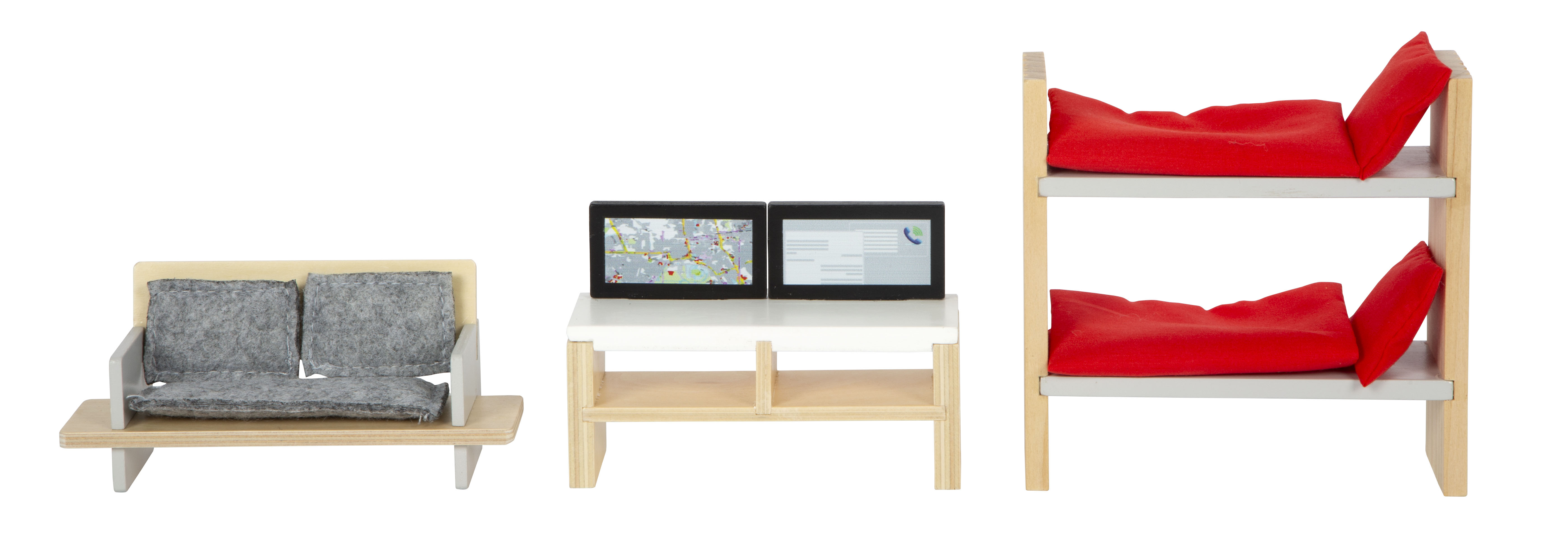 Innenraum: Sofa, Schreibtisch, Etagenbett