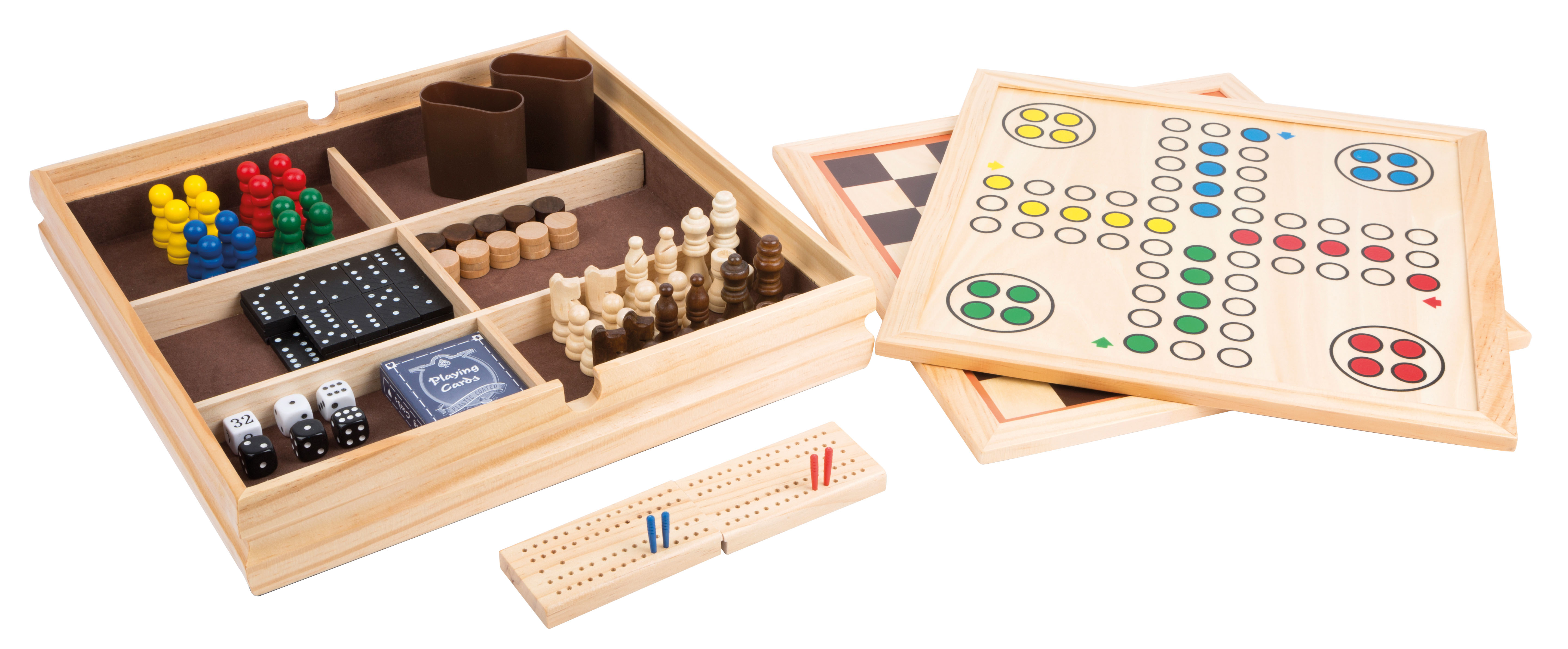 Spielesammlung mit Würfeln und Spielfiguren