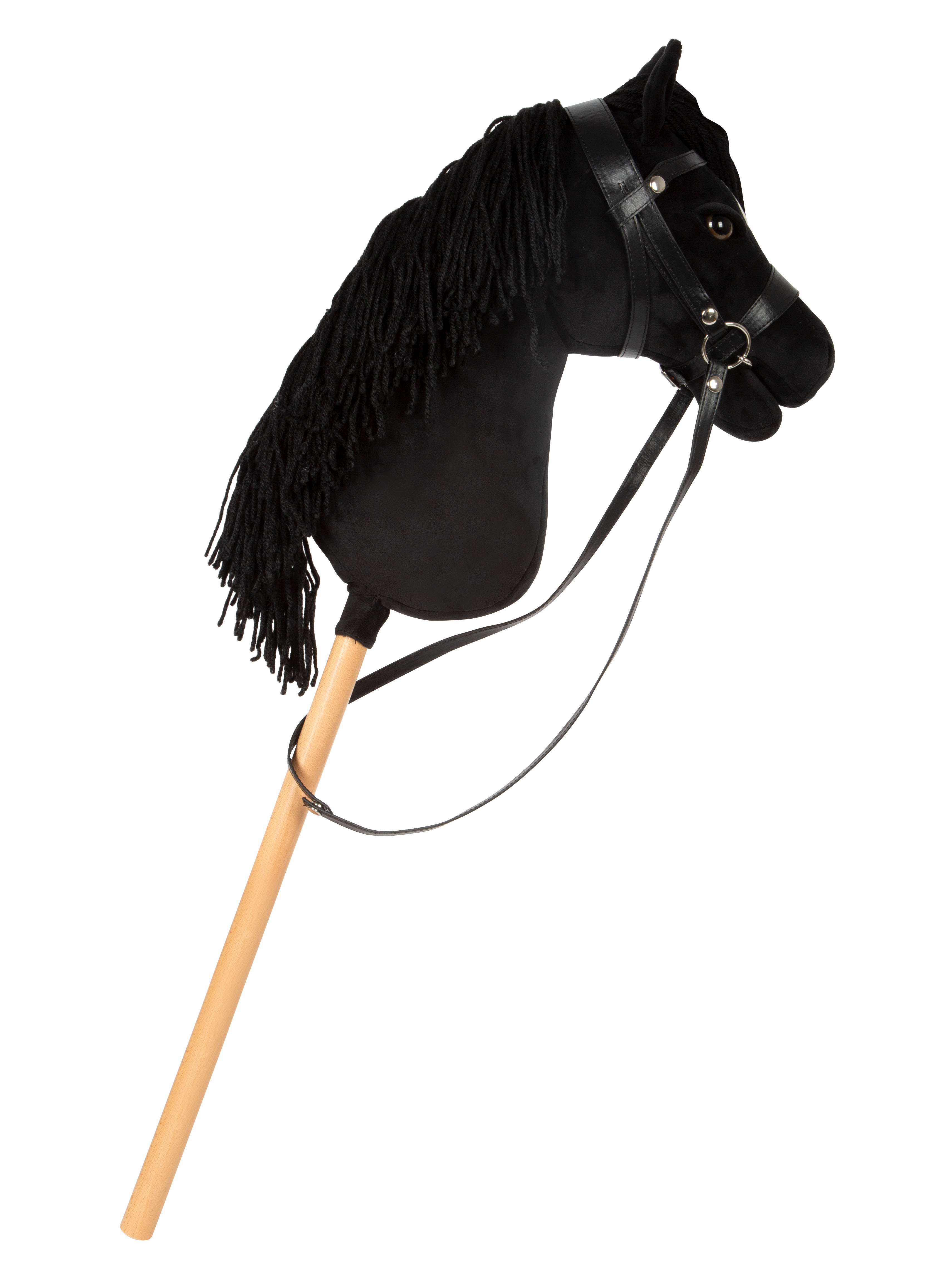 Schwarzes Steckenpferd aus Plüsch mit Trense und Zügeln