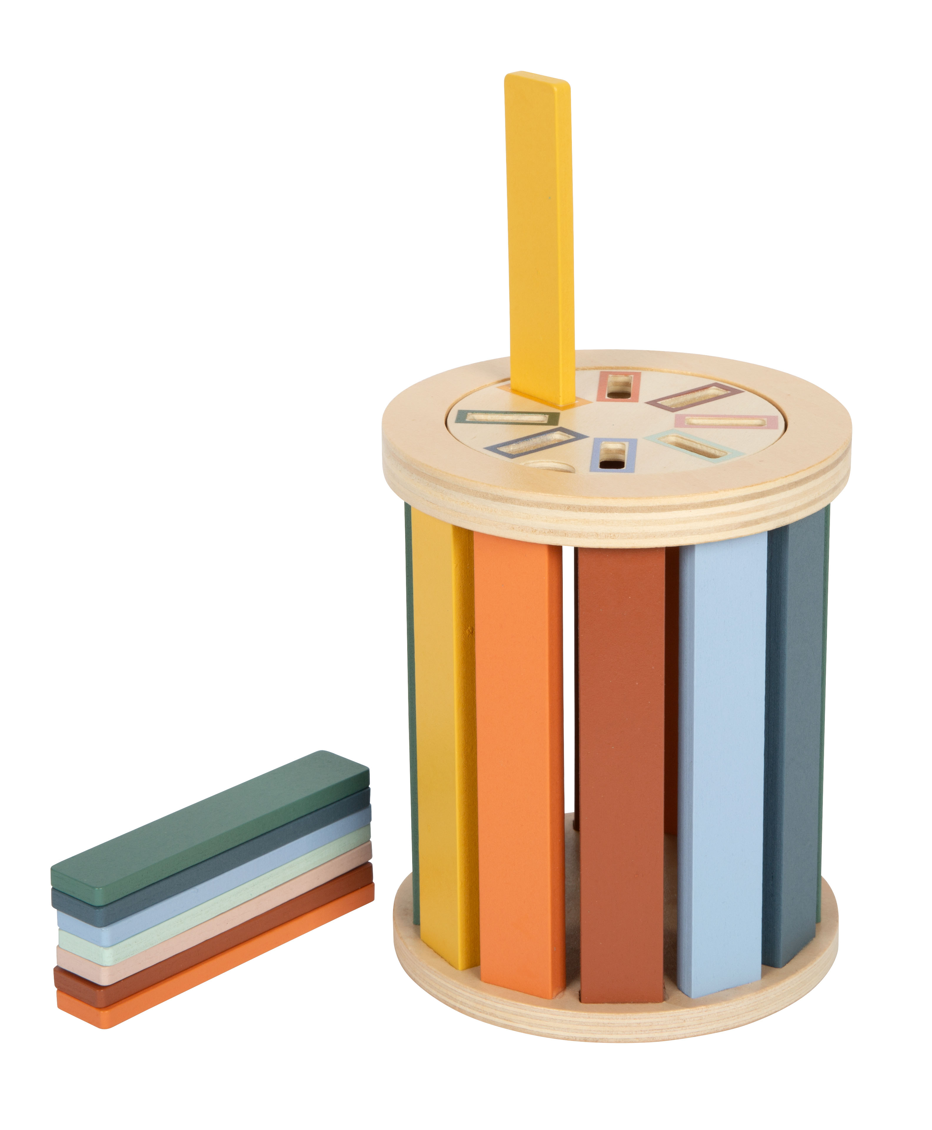 Bunter Zylinder aus Holz mit Steck- und Sortierspiel für Kinder