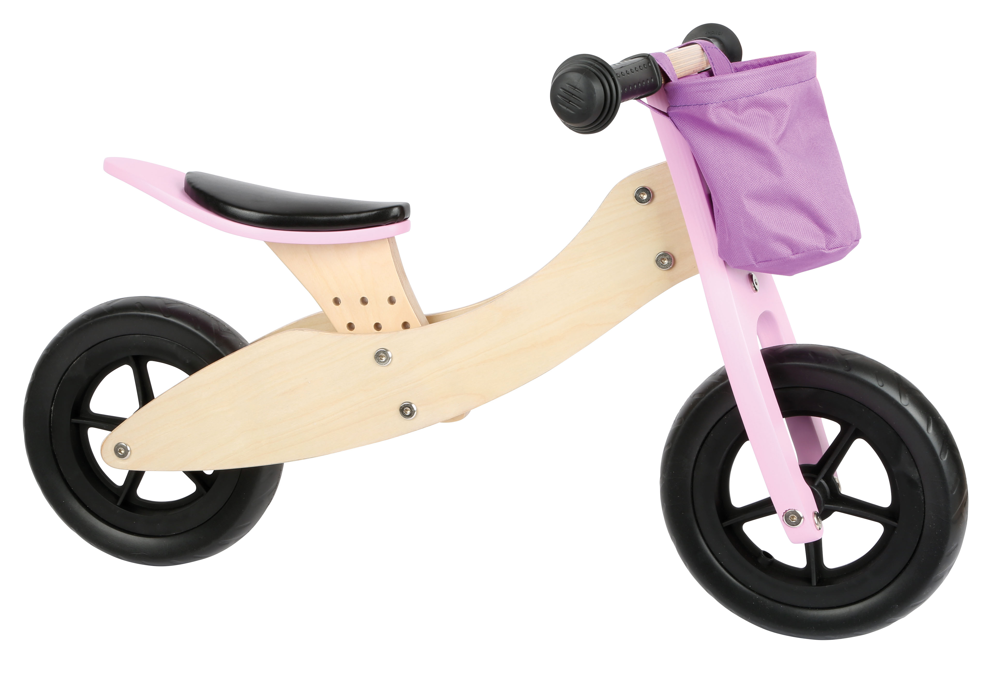 Laufrad aus Holz mit rosafarbener Lenkertasche