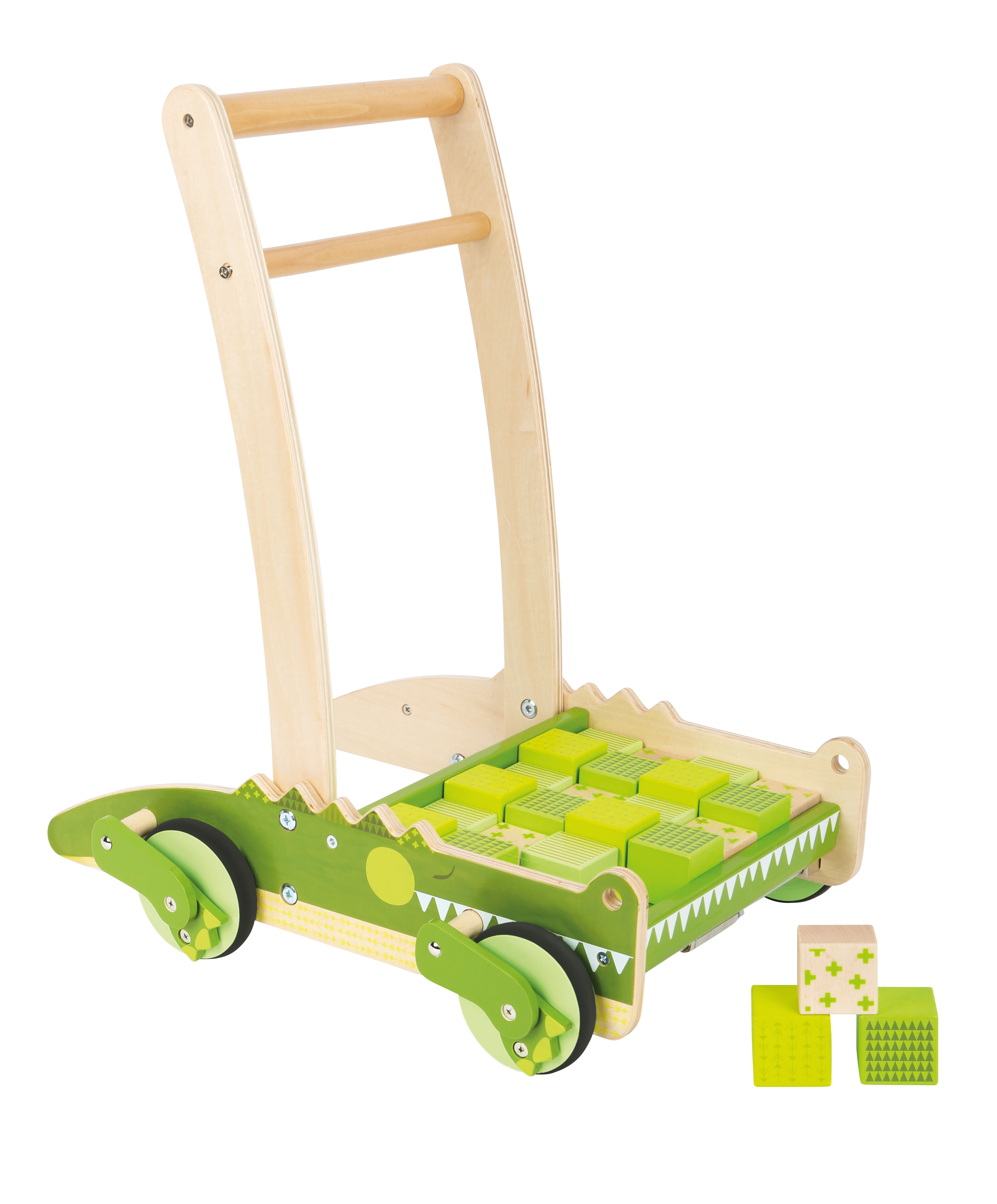 Grüner Krokodil Lauflernwagen mit Bausteinen