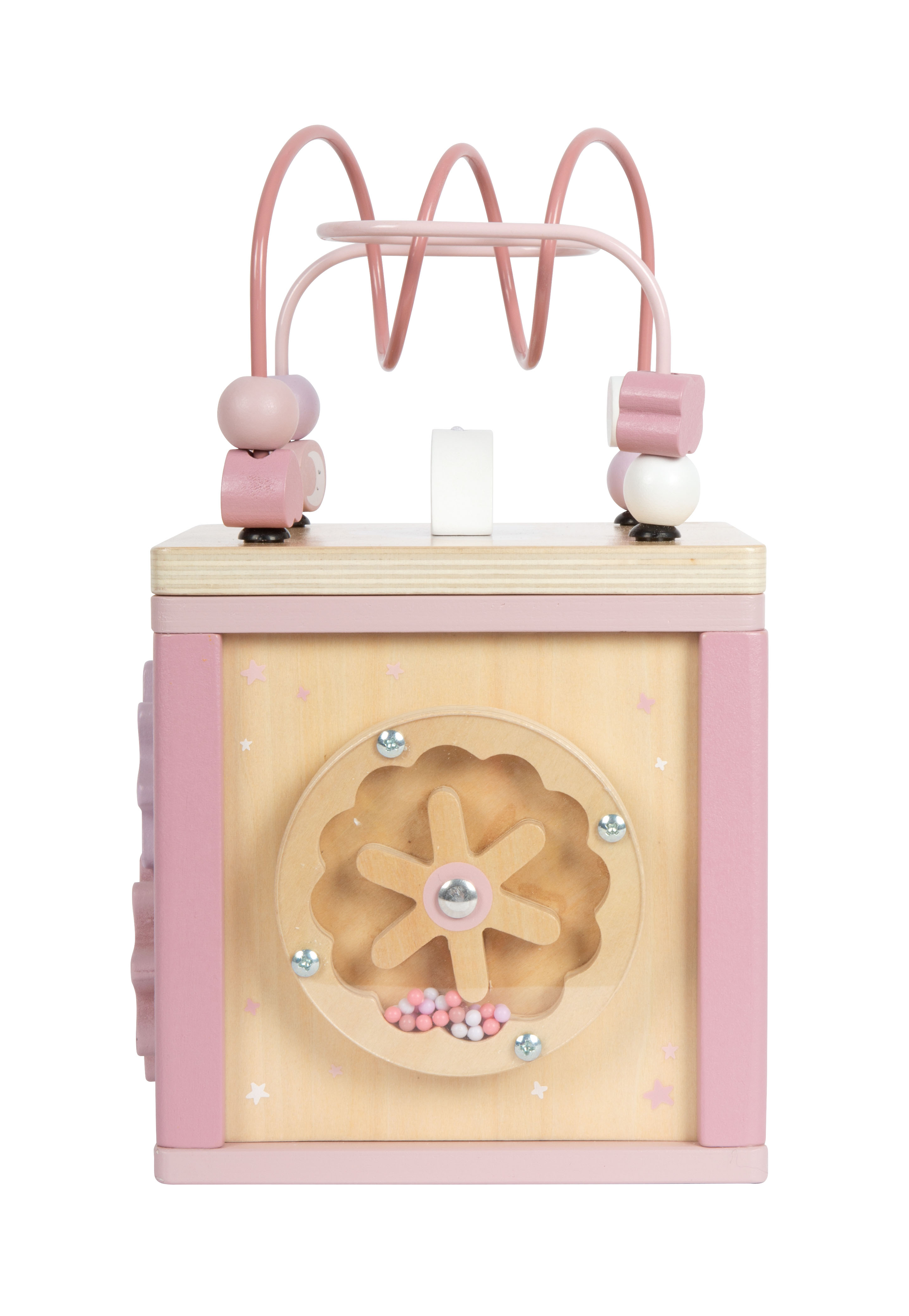 Motorikwürfel aus Holz mit Drehrassel-Spiel für Kinder