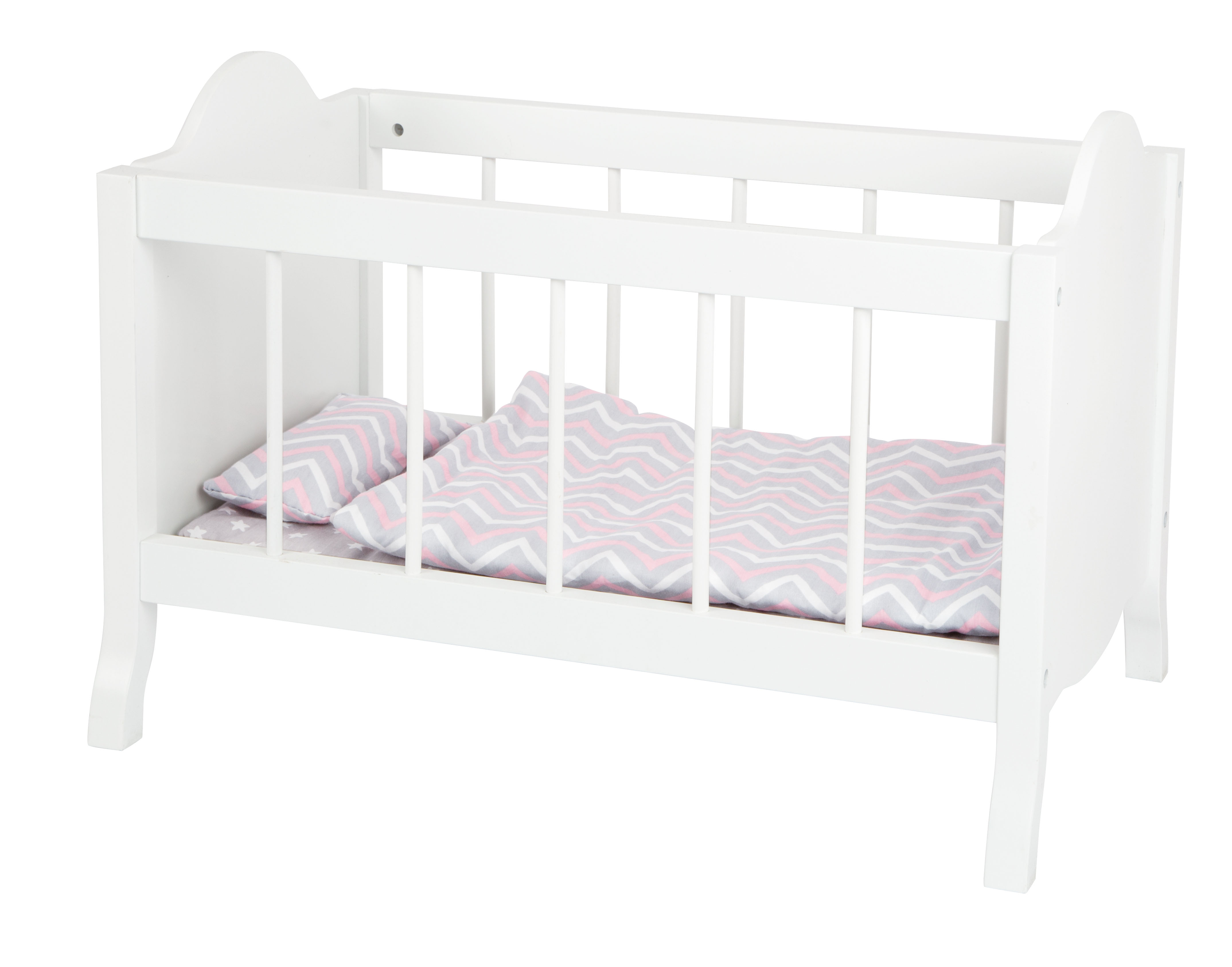Weißes Puppenbett mit Bettwäsche