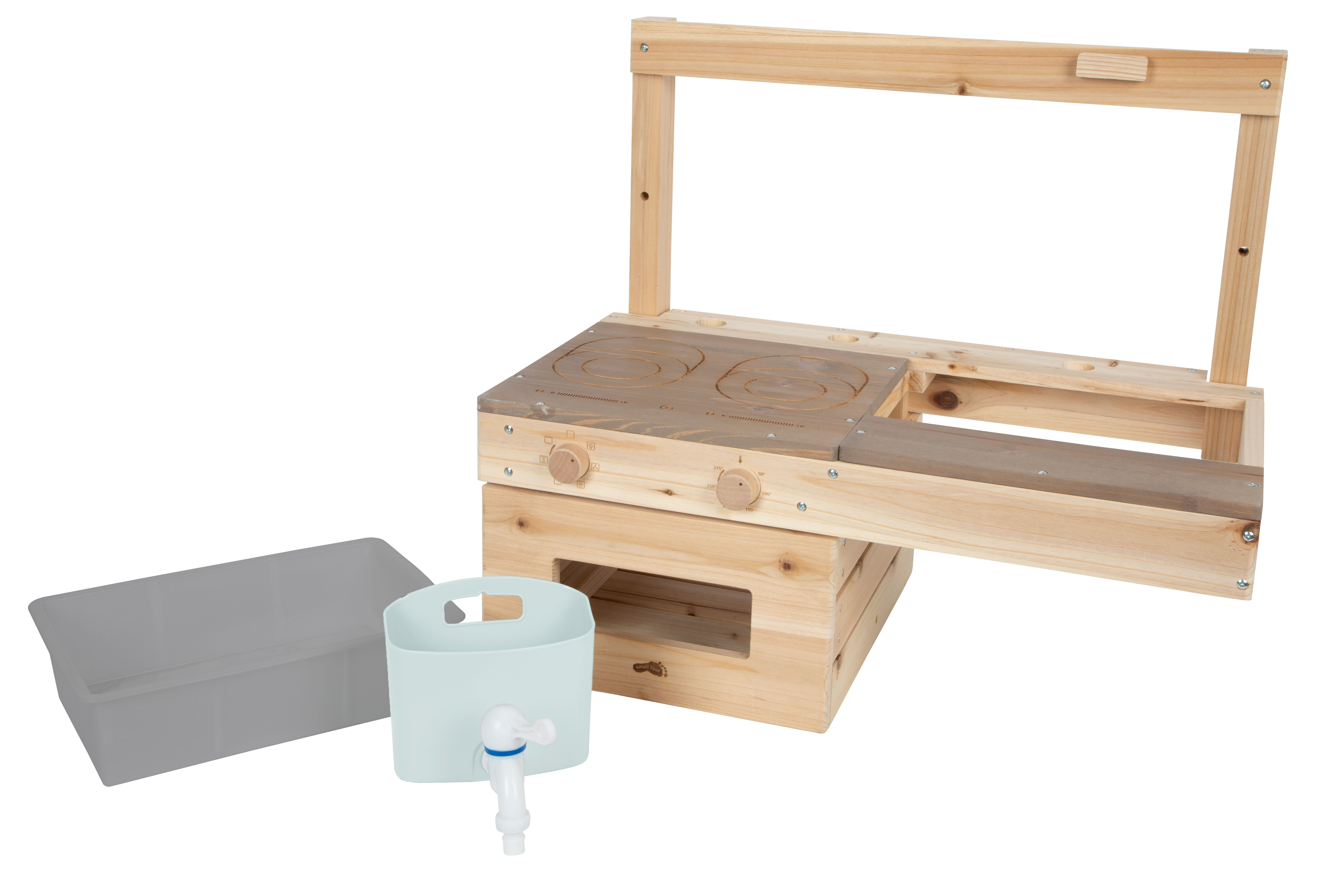 Matschküche aus Holz zum Hängen mit herausnehmbarem Waschbecken