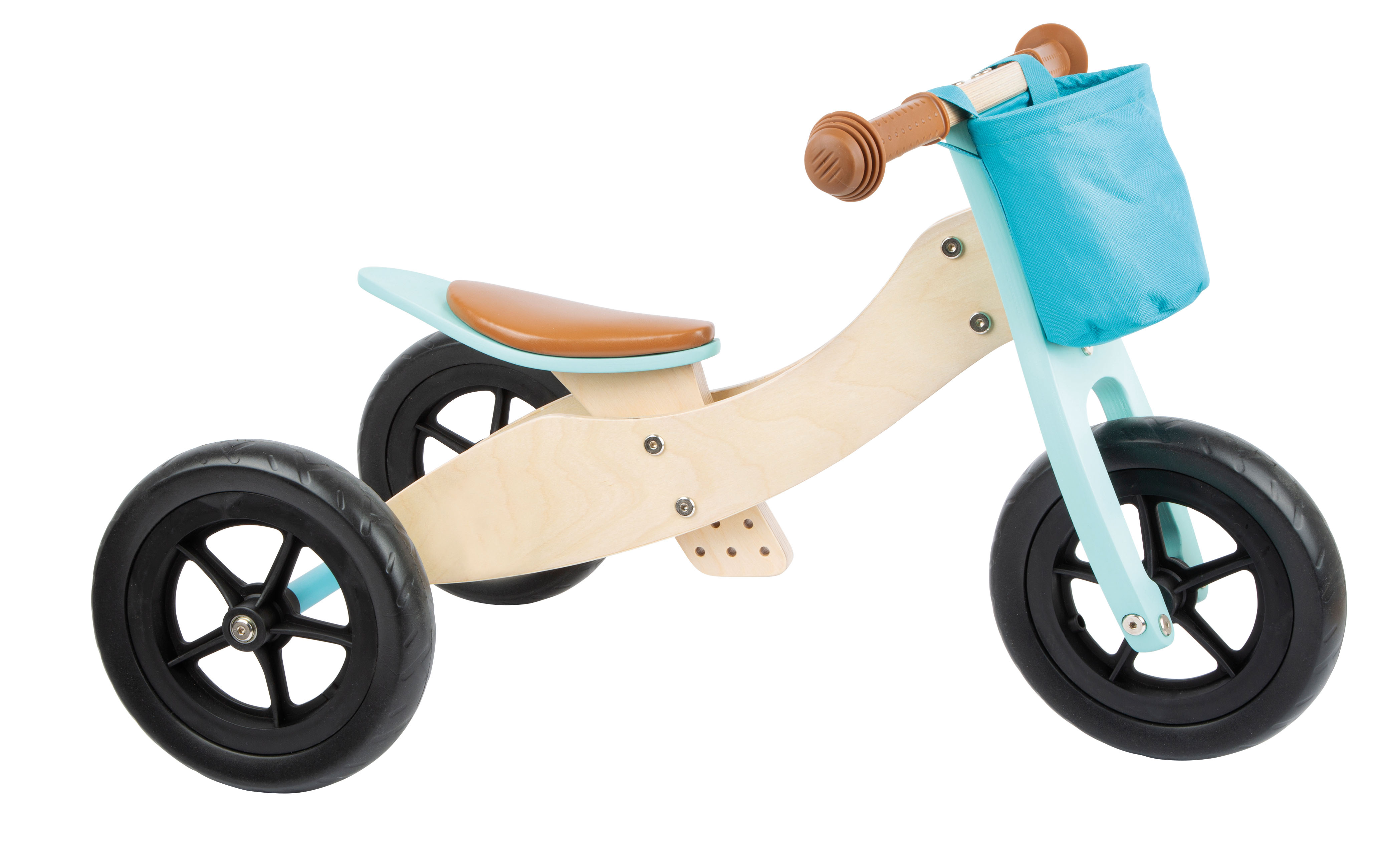 Türkises Dreirad aus Holz mit Lenkertasche