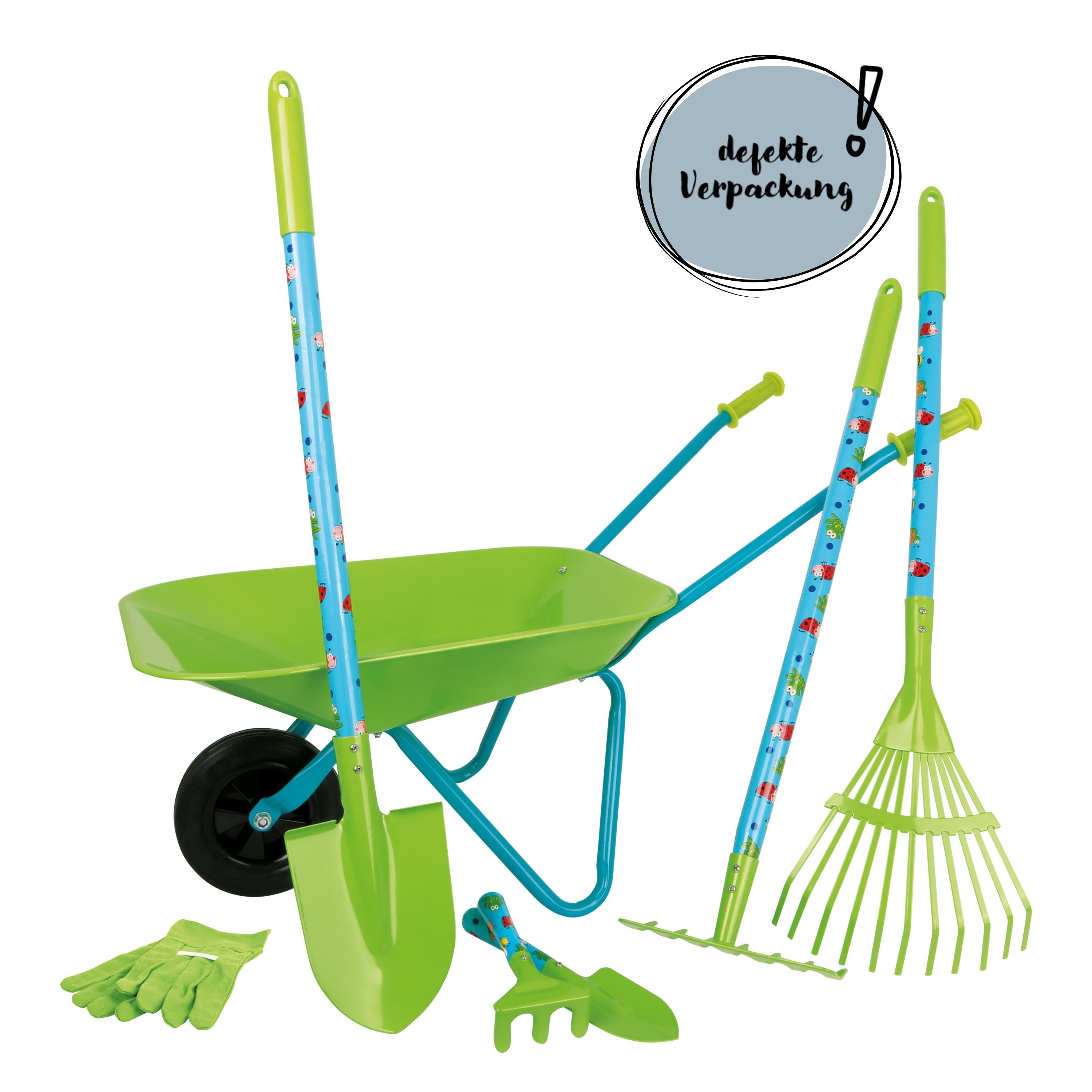 Gartenwerkzeuge-Set mit Schubkarre für Kinder mit defekter Verpackung