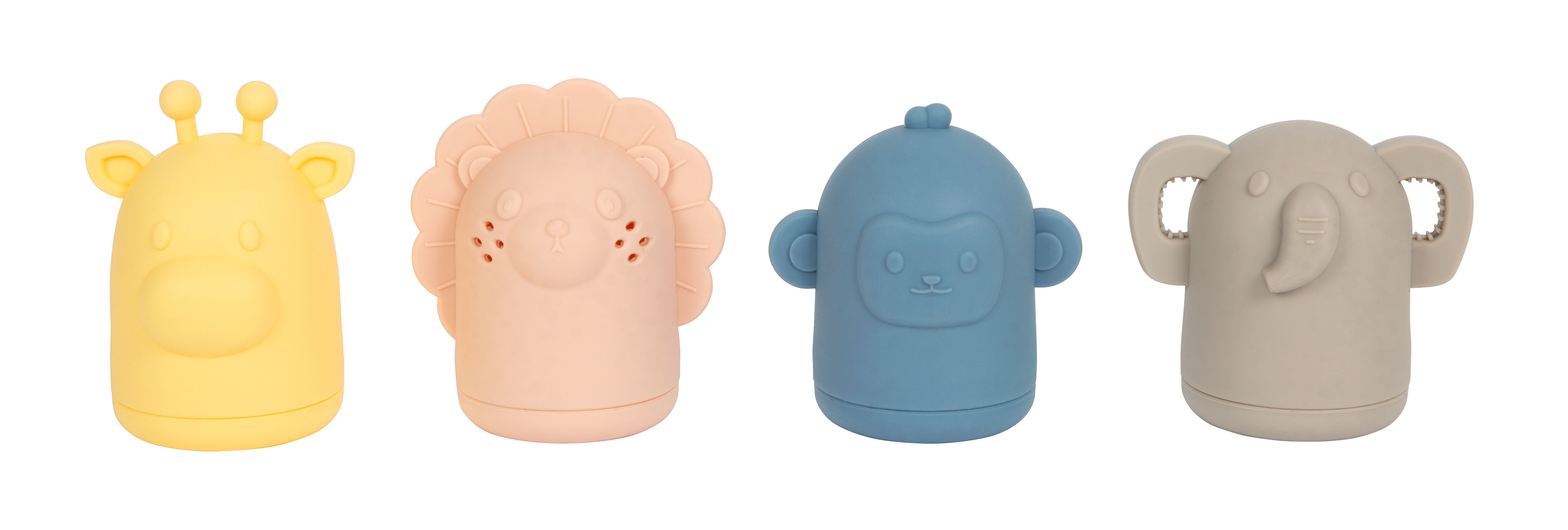 Silikon-Badewannenspielset Tiere: Giraffe, Löwe, Affe, Elefant