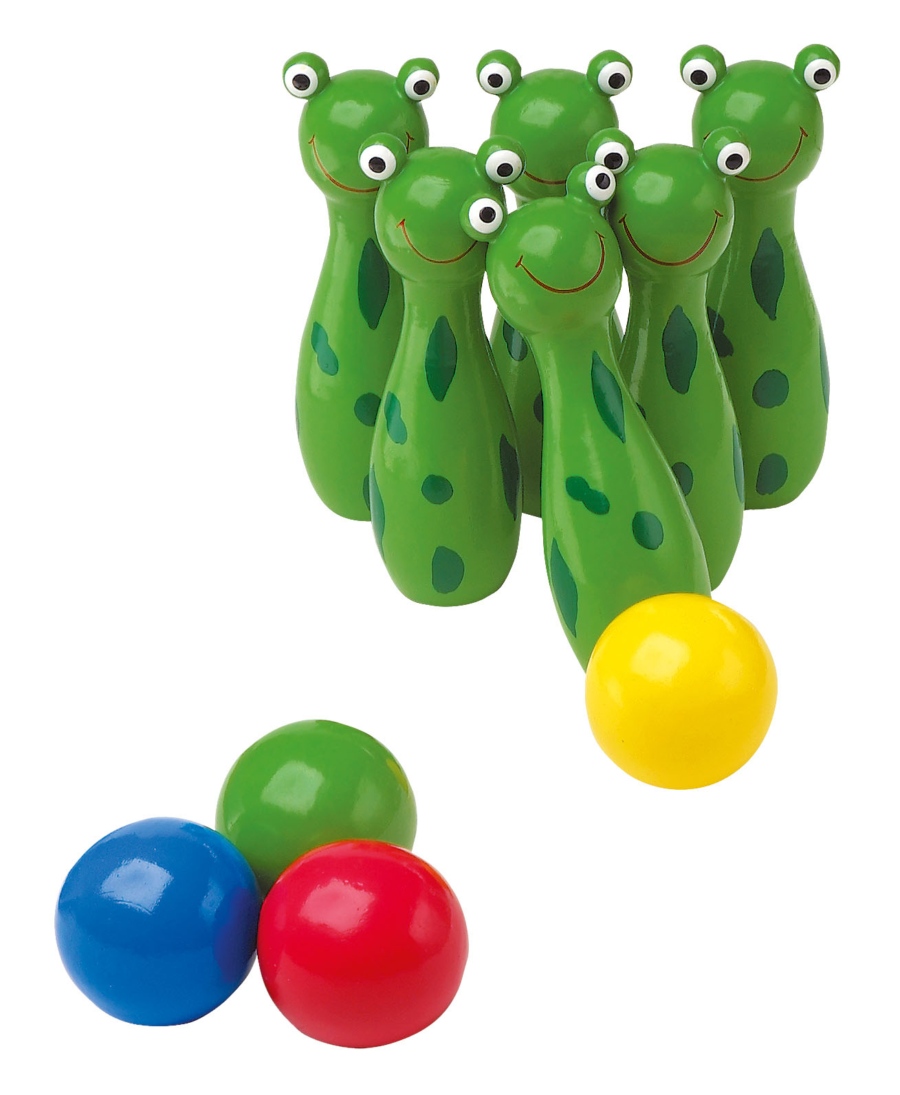 Kegelspiel Frosch mit bunten Kugeln