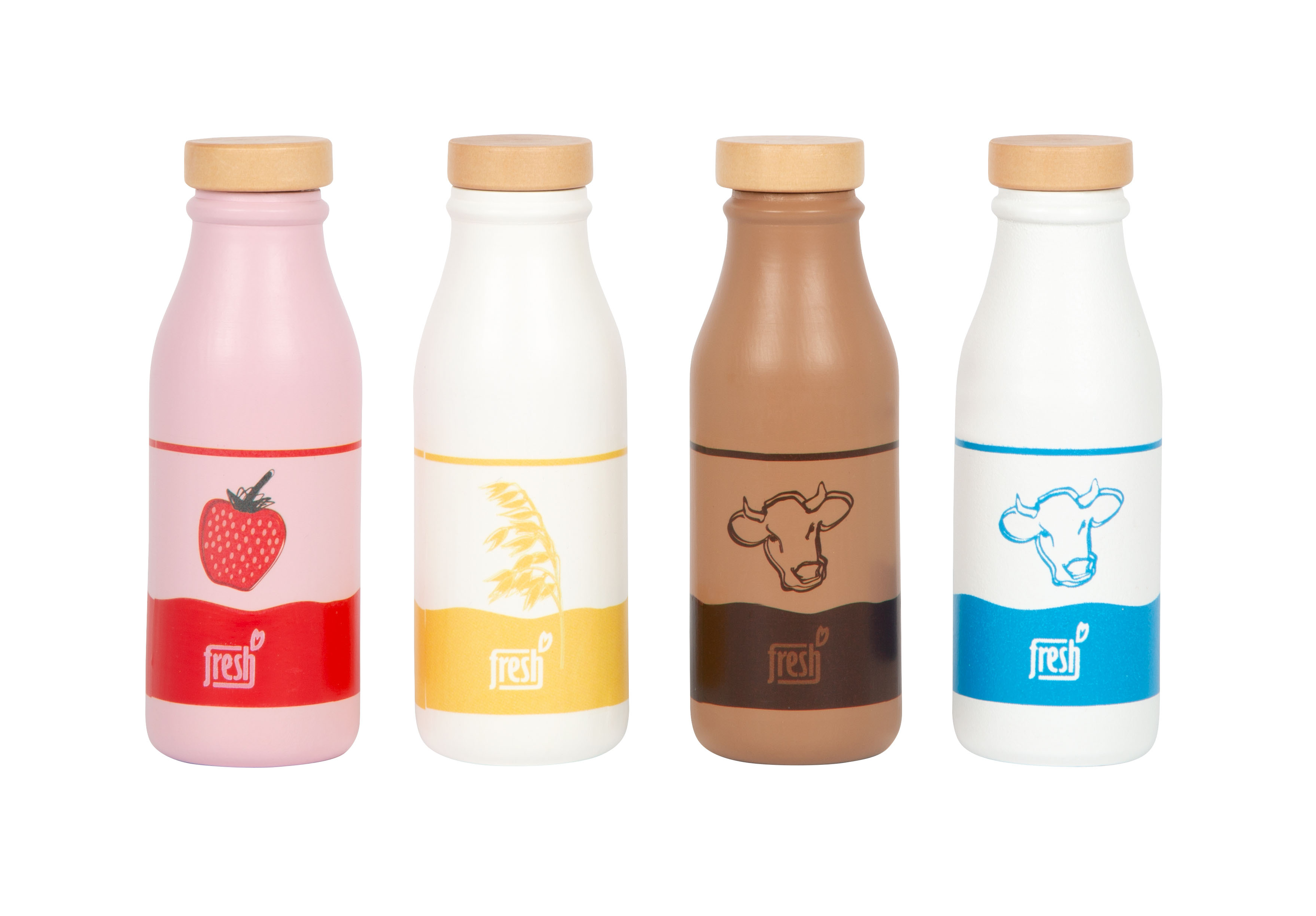 Erdbeermilch, Hafermilch, Kakao und Milch aus Holz für Kinderküche und Kaufladen