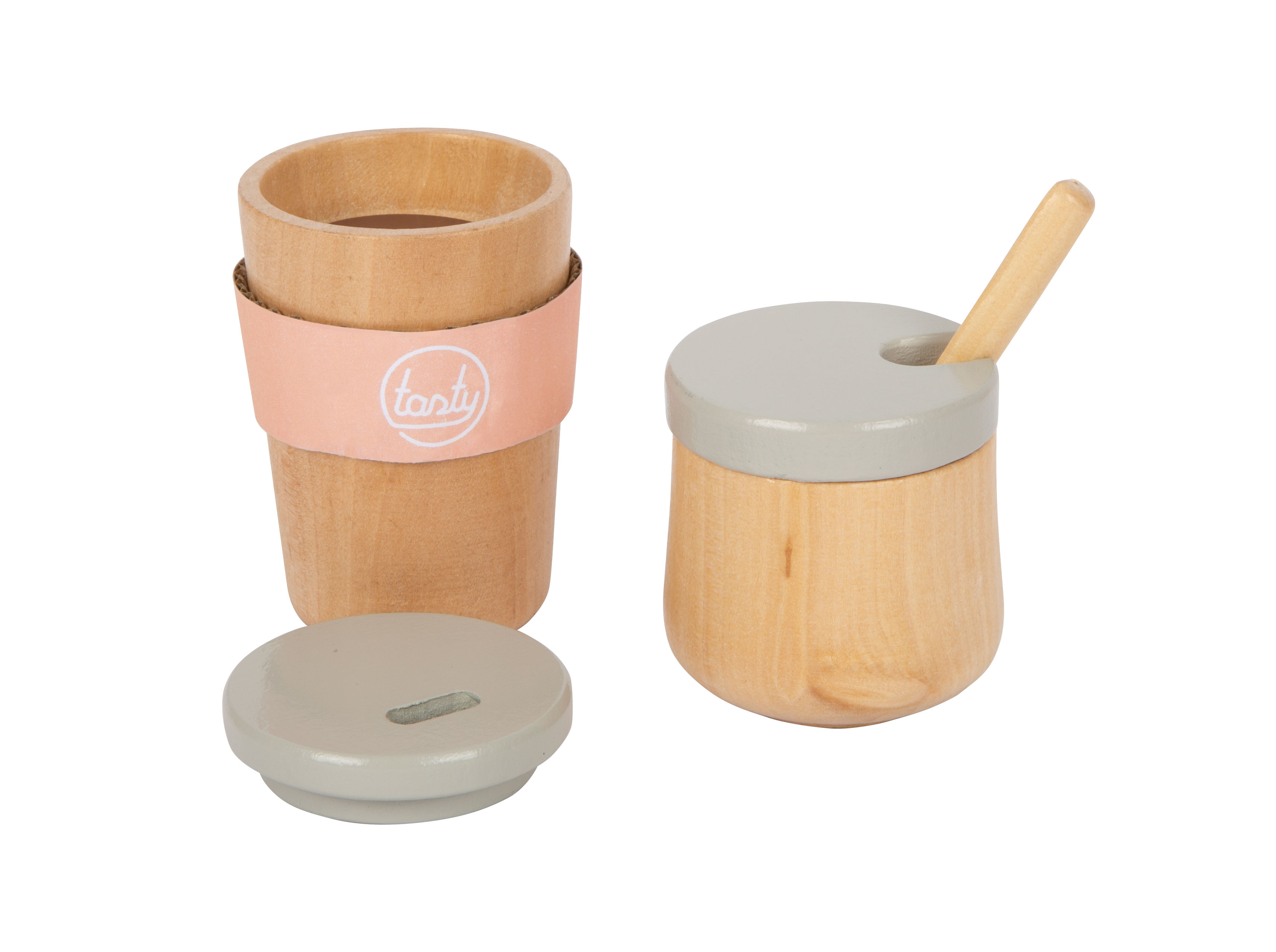 Kaffeebecher und Zuckerdose aus Holz für Spielküche