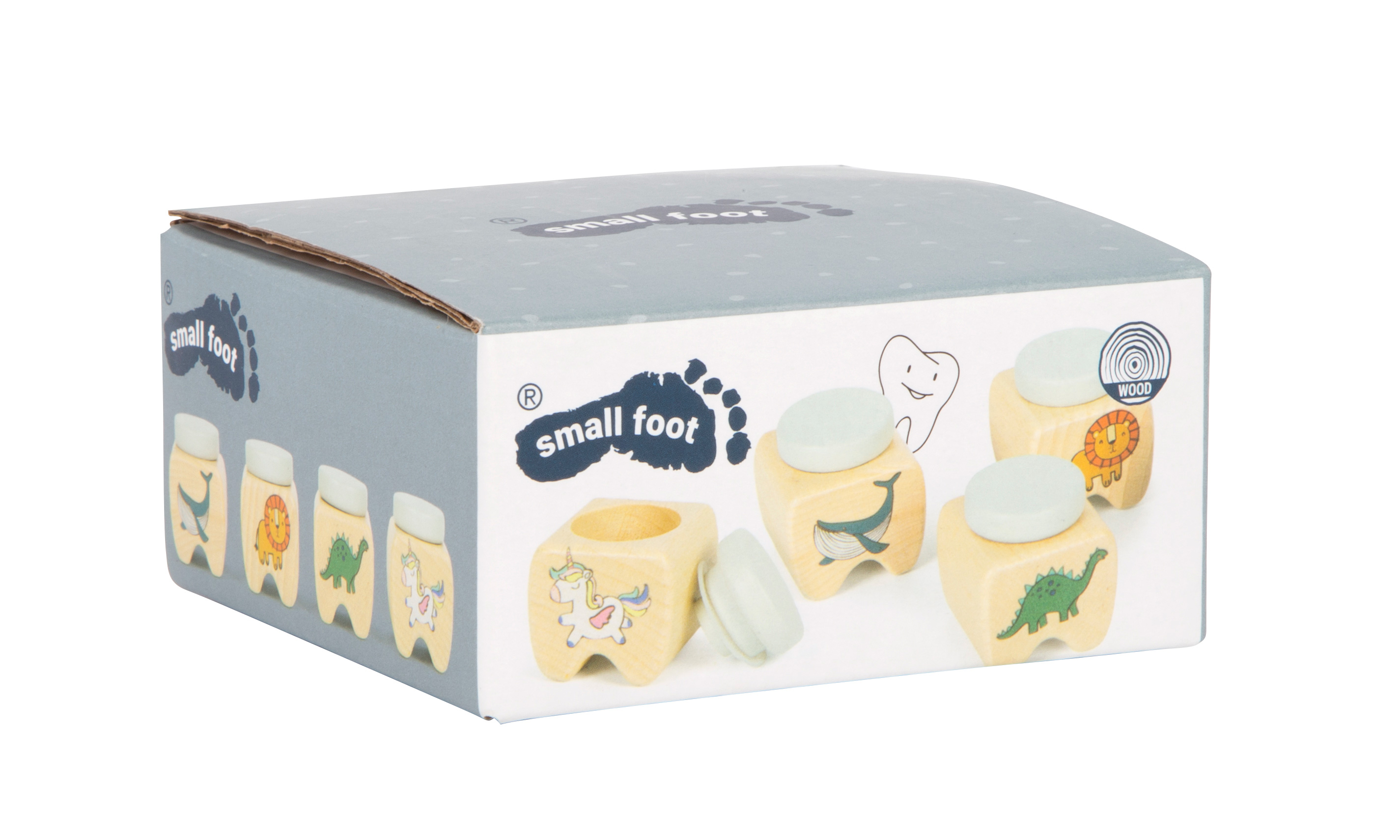 Verpackung von 4er-Set Milchzahndosen aus Holz