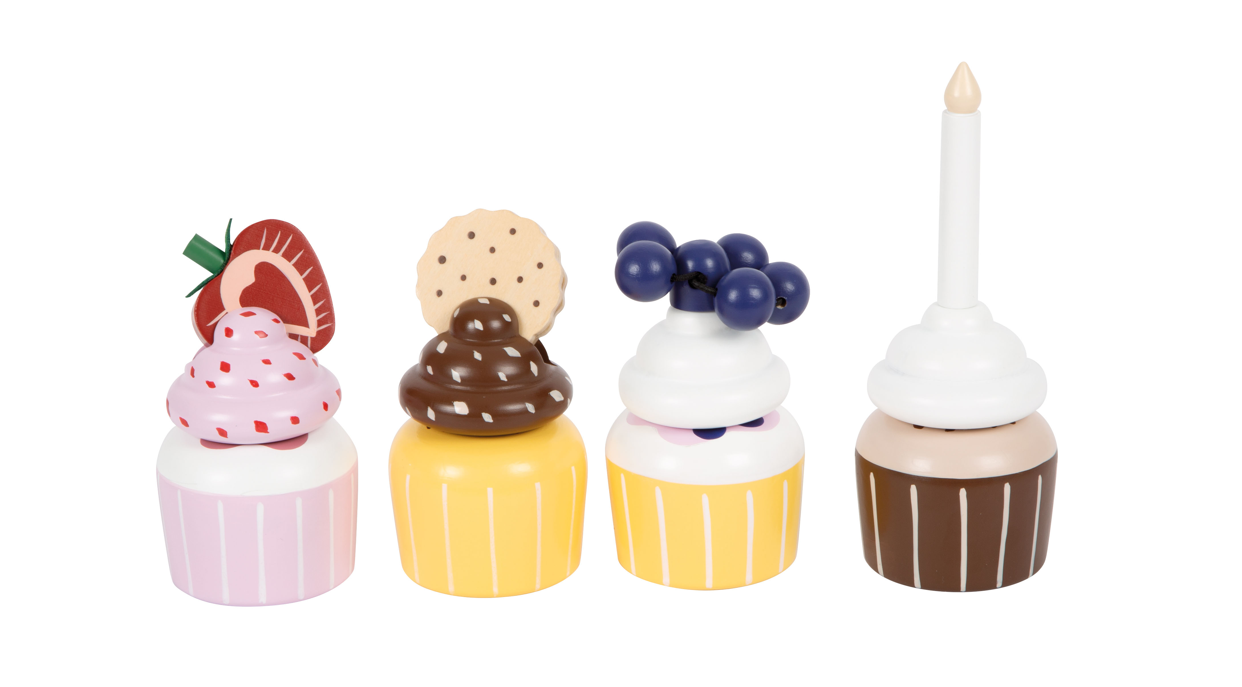 Vier Cupcakes aus Holz für die Spielküche