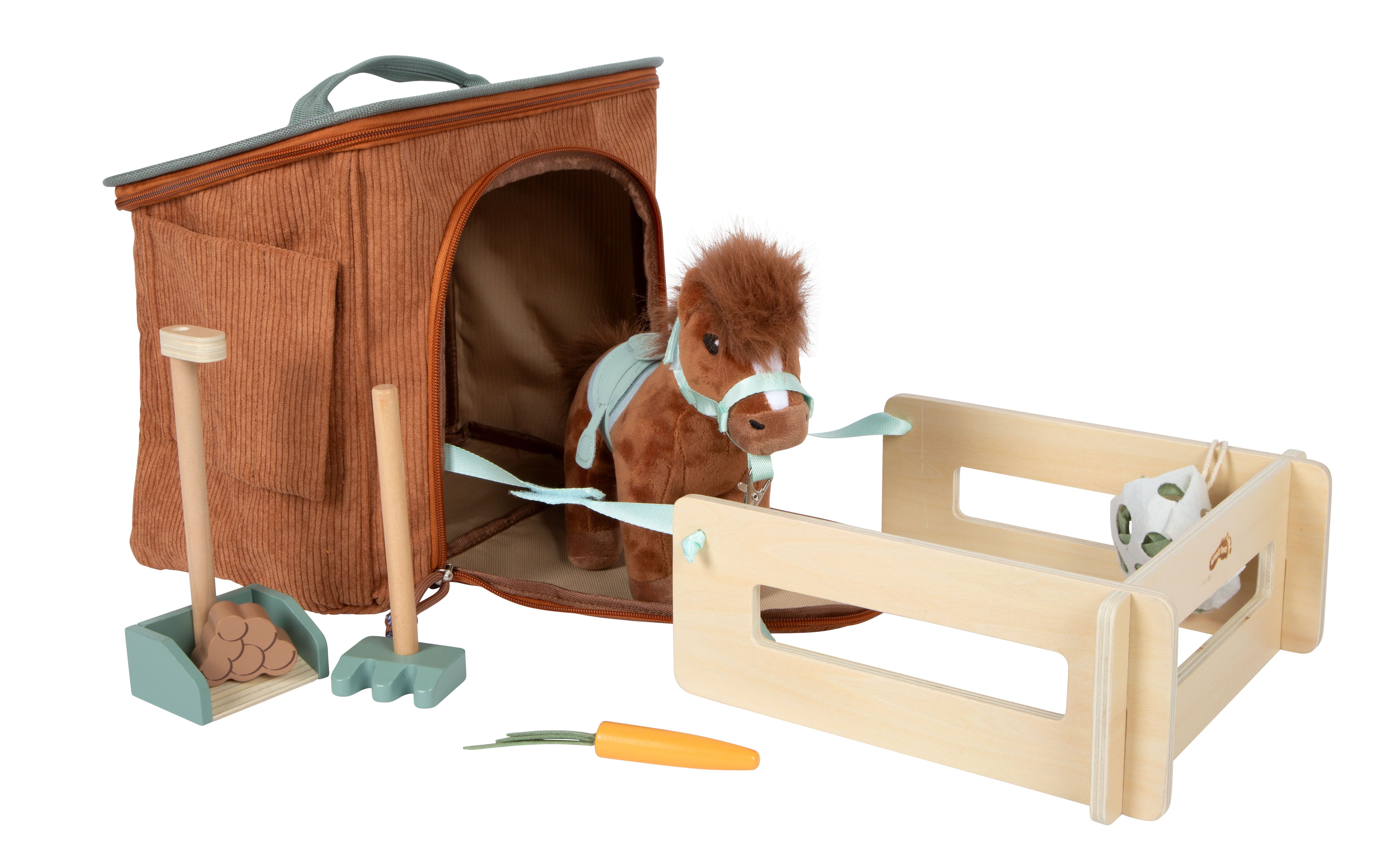 Spielset Pferd mit Stall und Zubehör in der Tasche braun mit Auslauf