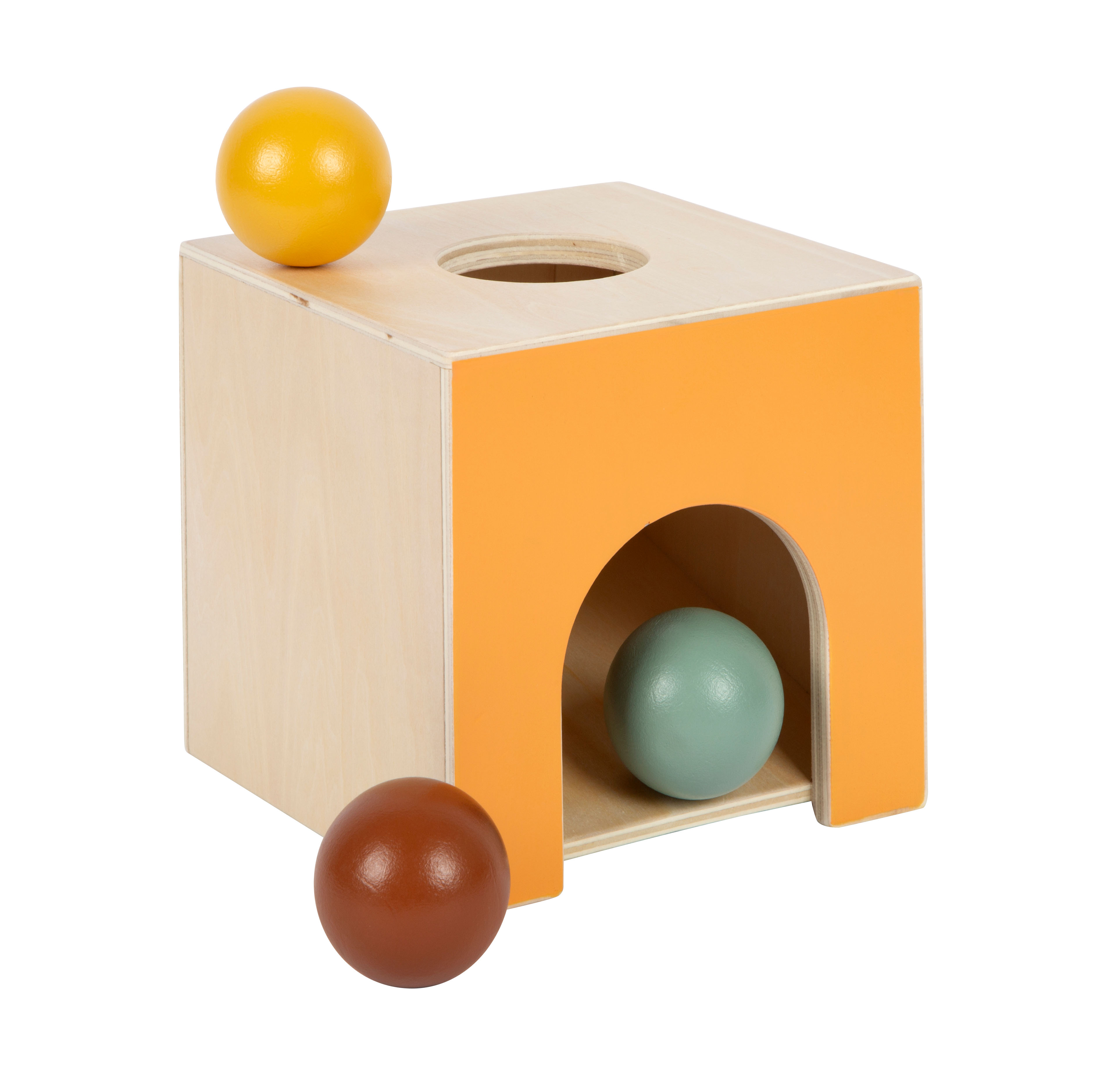 Orangefarbener Montessori Kugelkasten aus Holz mit zwei Kugeln